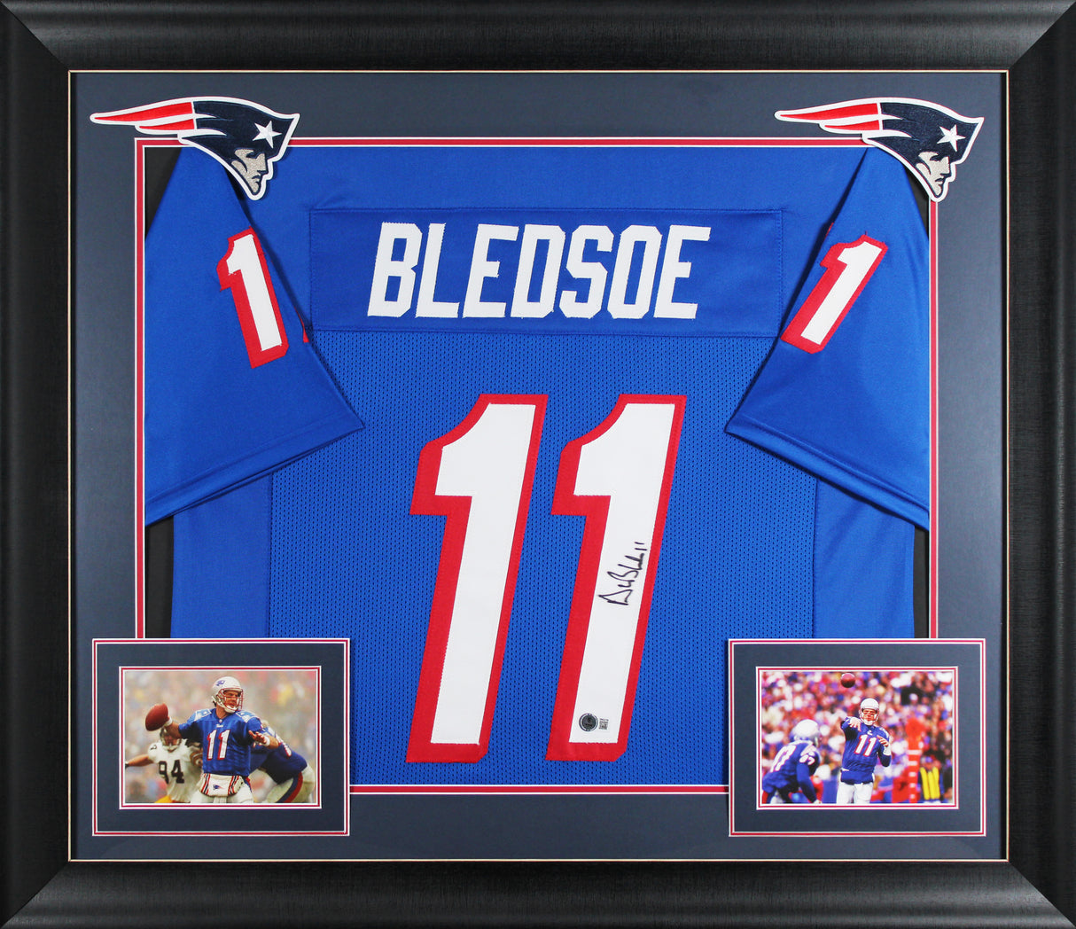 Drew Bledsoe Signed Throwback Blue Pro Style Framed Jersey BAS Witnessed