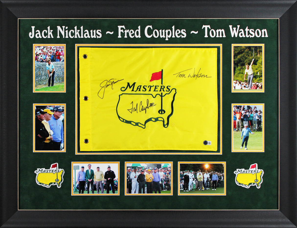 Jack Nicklaus, Tom Watson & Fred Couples Signed & Framed Masters Pin Flag BAS