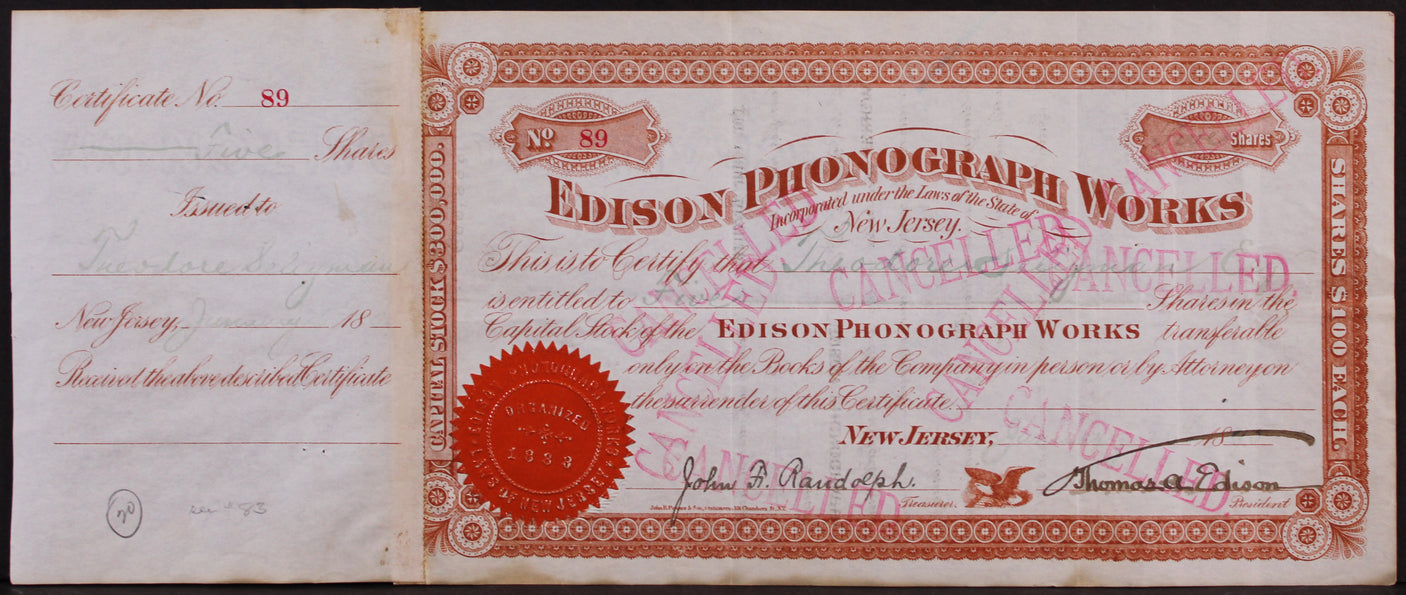 Thomas Edison Signed 5.75x14 Phonograph Works Stock Certificate BAS #AE13289