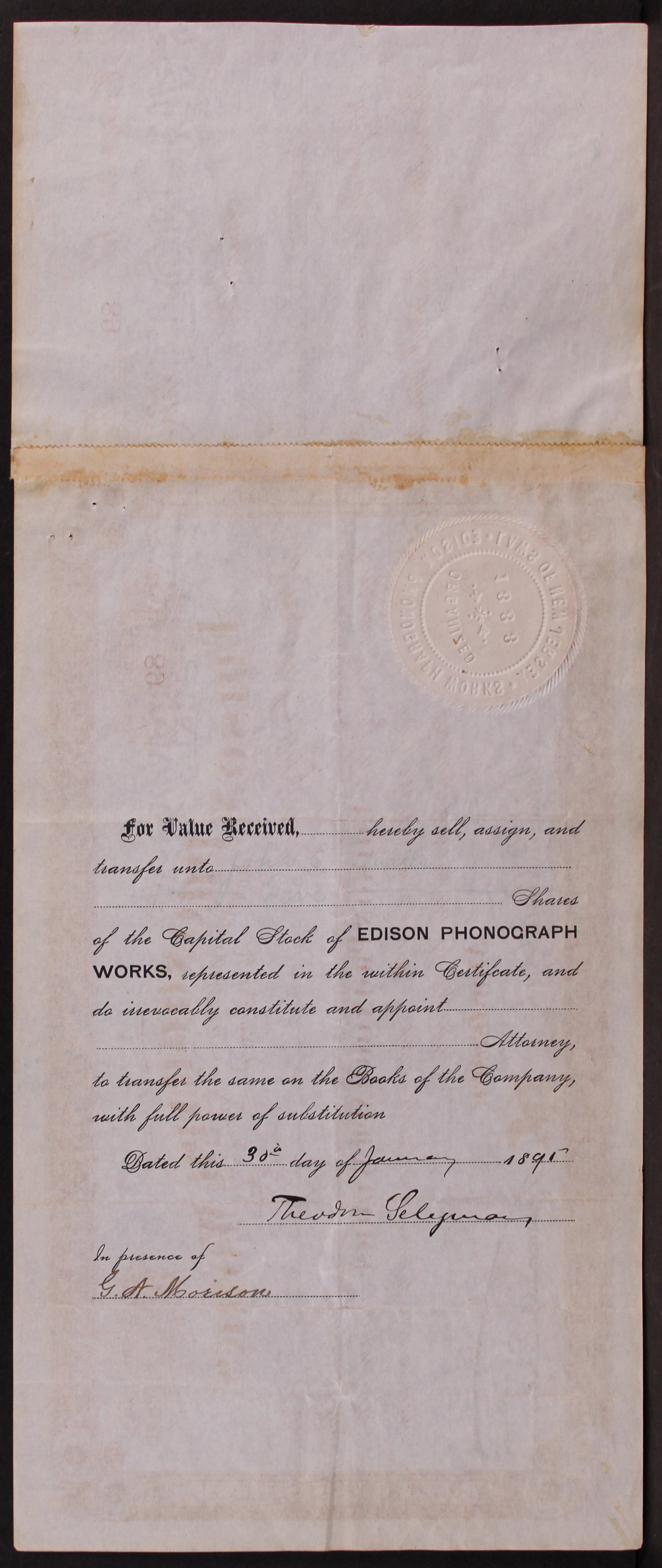 Thomas Edison Signed 5.75x14 Phonograph Works Stock Certificate BAS #AE13289