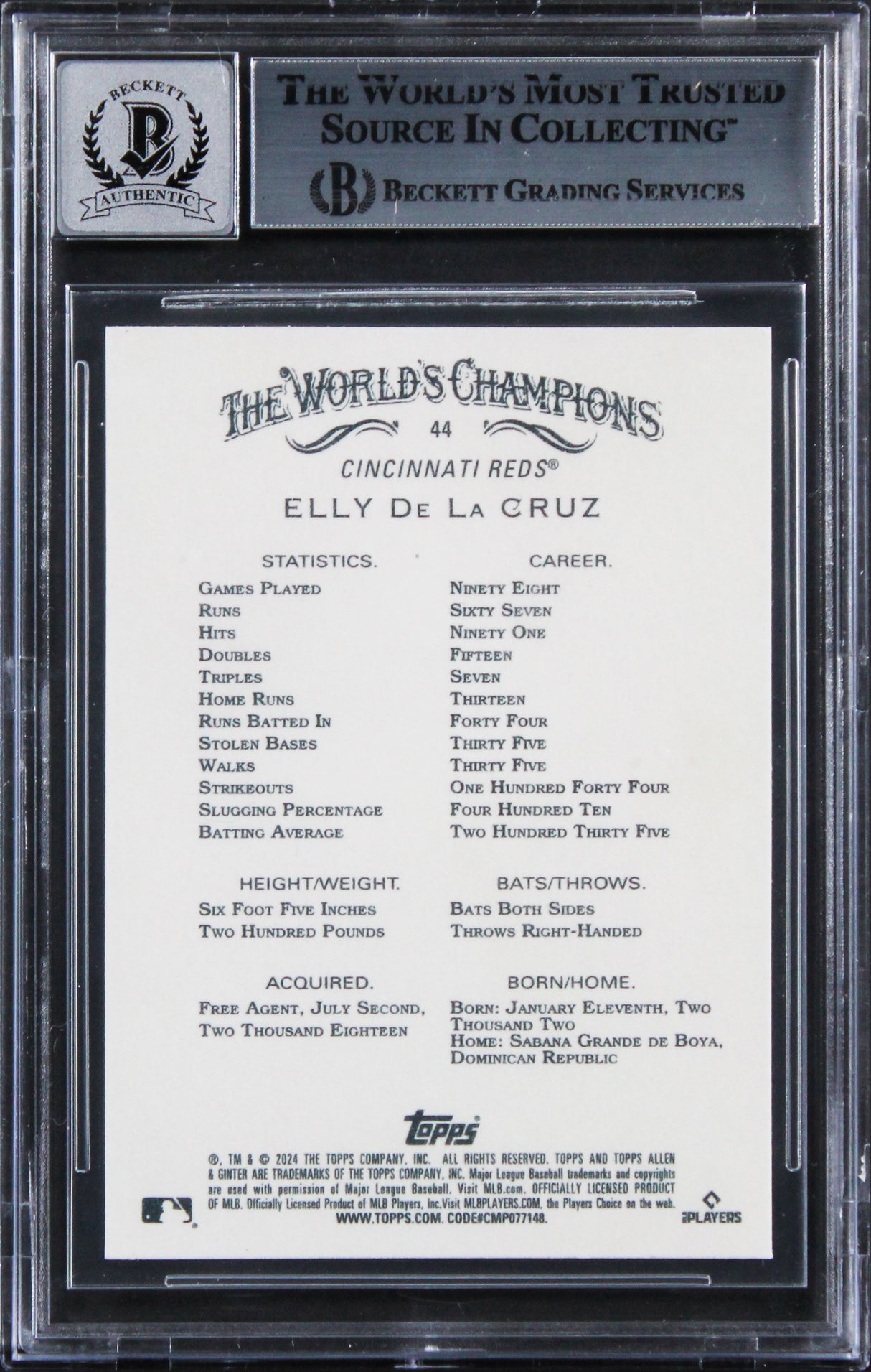 Elly De La Cruz Signed 2024 Topps Allen & Ginter #44 RC Card Auto 10 BAS Slabbed