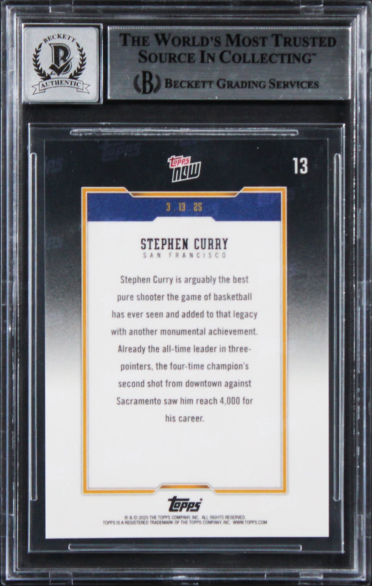 Warriors Stephen Curry Signed 2024 Topps Now #13 Card Auto Grade 10! BAS Slabbed