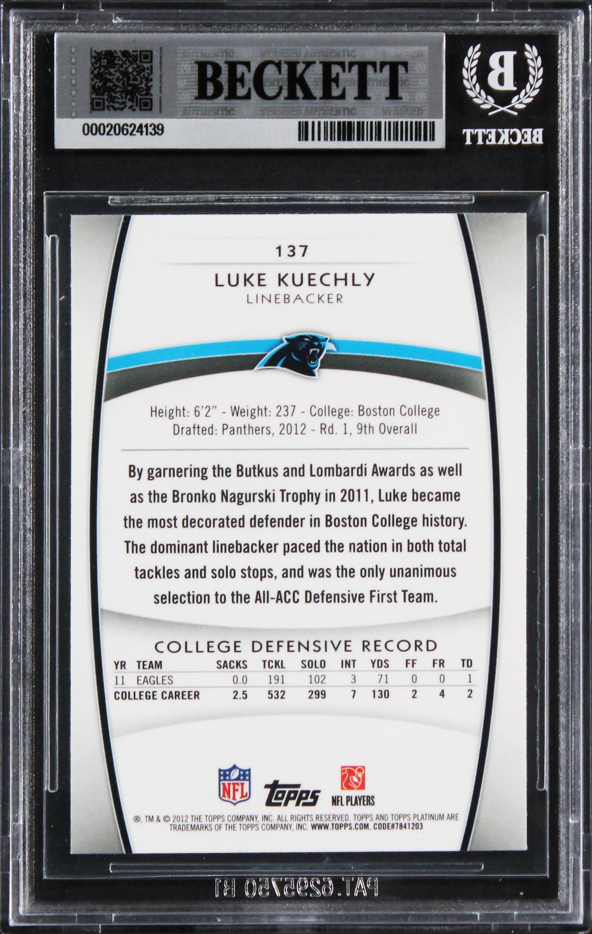 Panthers Luke Kuechly Signed 2012 Topps Platinum Xfractors #137 RC Card BAS Slab