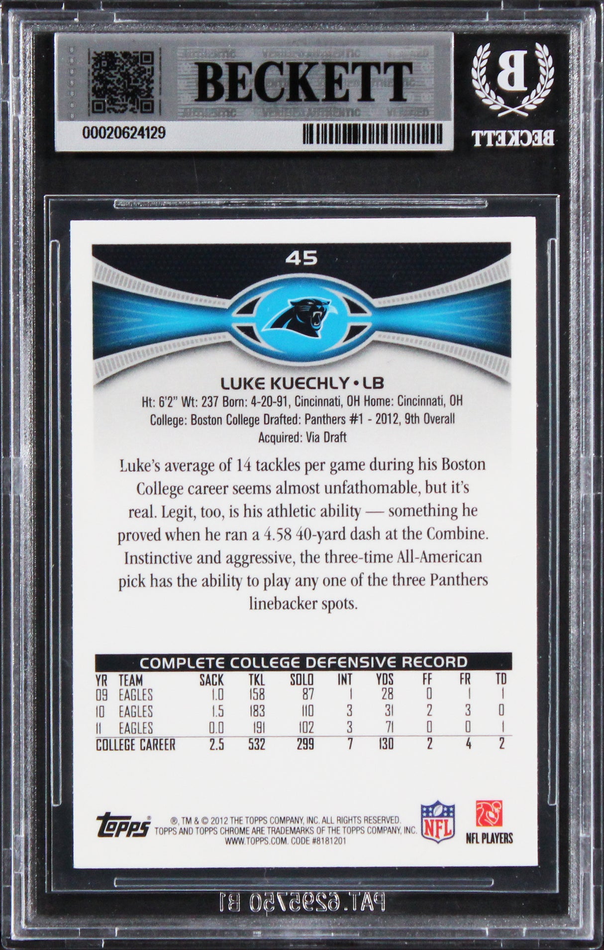 Panthers Luke Kuechly 2012 Topps Chrome #45 Rookie Card Autographed BAS Slabbed
