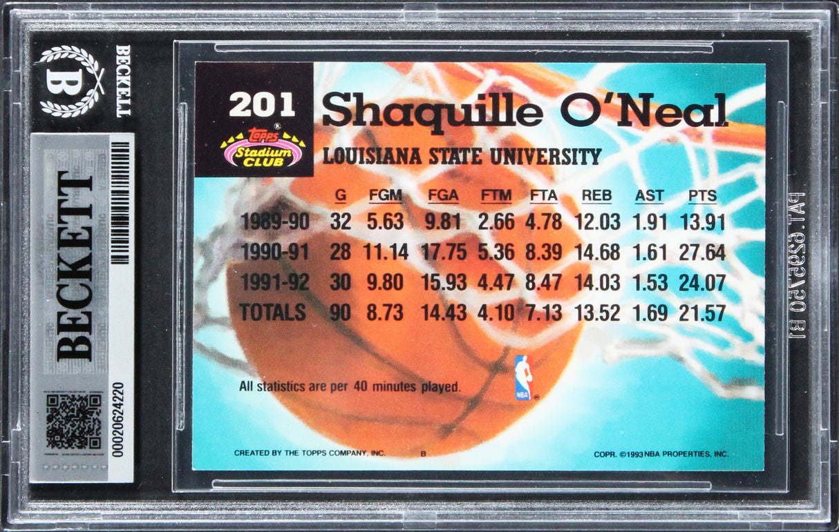 Magic Shaquille O'Neal Signed 1992 Stadium Club #201 Rookie Card BAS Slabbed