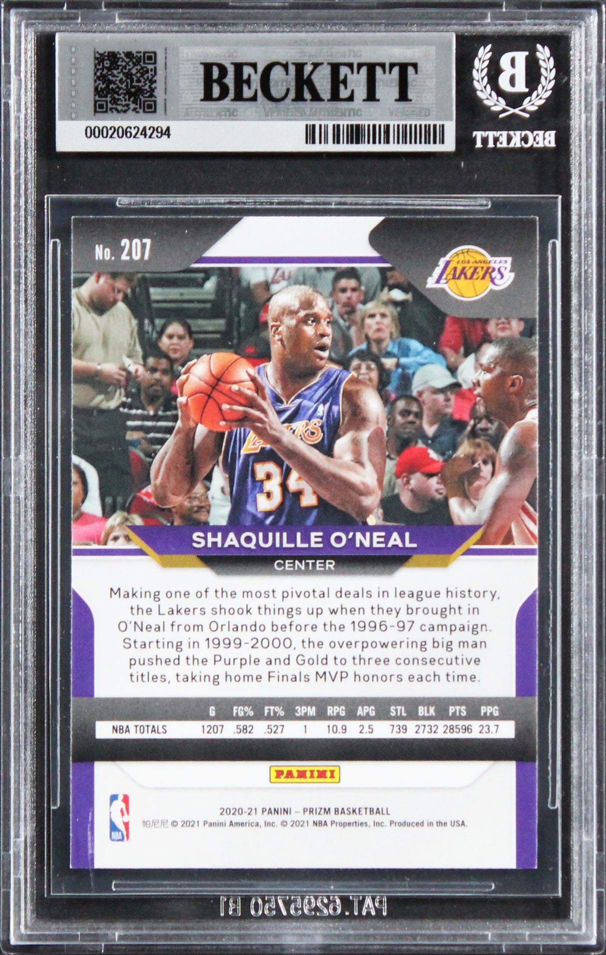 Lakers Shaquille O'Neal Authentic Signed 2020 Panini Prizm #207 Card BAS Slabbed