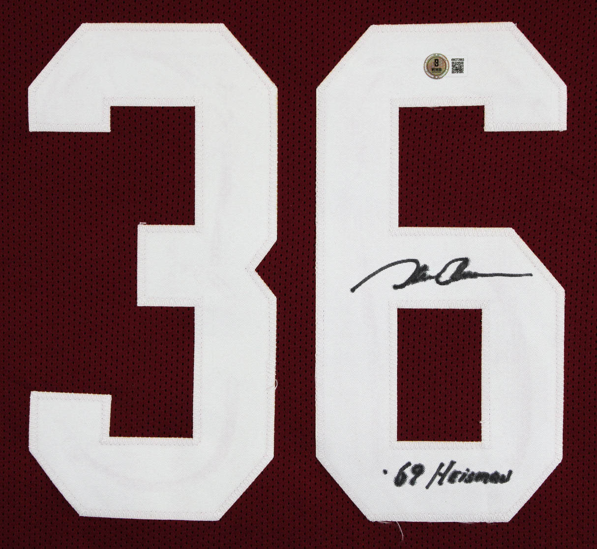 Oklahoma Steve Owens "69 Heisman" Signed Maroon Pro Style Jersey BAS Witnessed 2