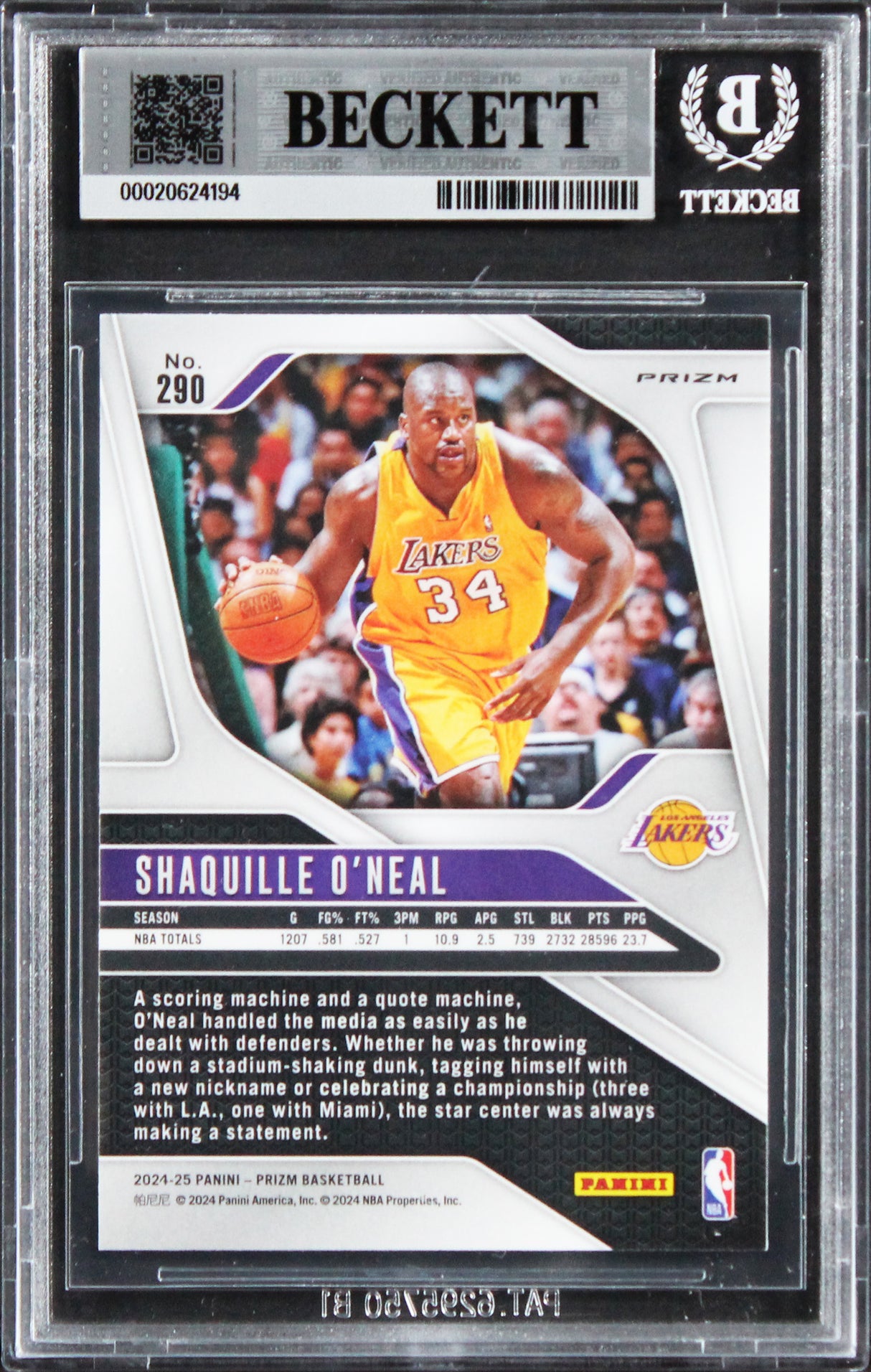 Lakers Shaquille O'Neal Signed 2024 Panini Prizm Pink Ice #290 Card BAS Slabbed
