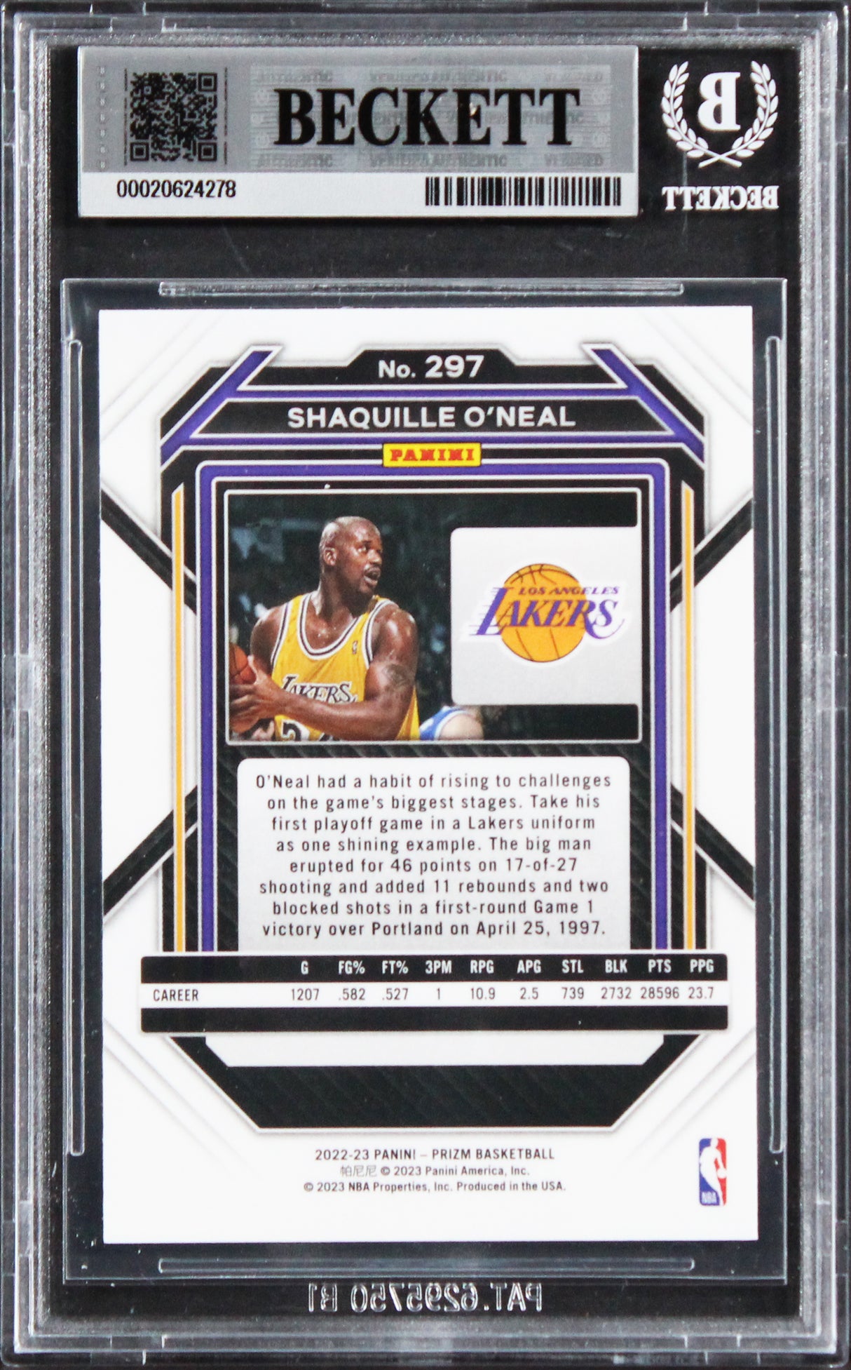 Lakers Shaquille O'Neal Authentic Signed 2022 Panini Prizm #297 Card BAS Slabbed