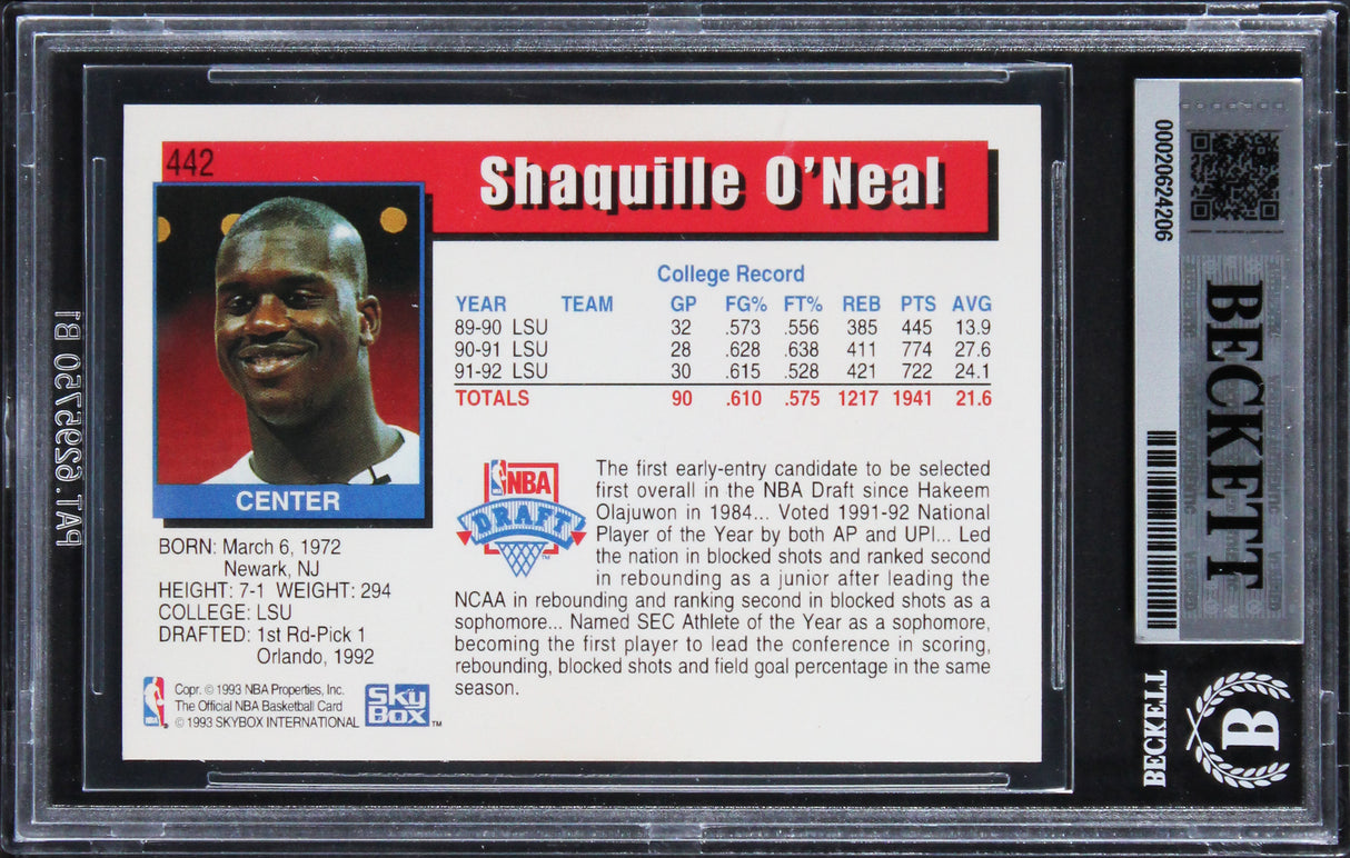 Magic Shaquille O'Neal Authentic Signed 1992 Hoops #442 Rookie Card BAS Slabbed