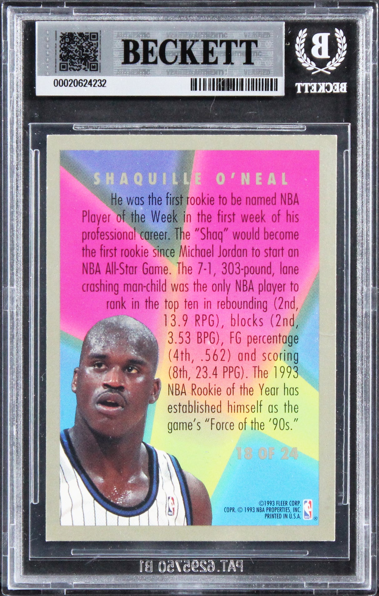 Magic Shaquille O'Neal Signed 1993 Fleer Rookie Sensations #18 Card BAS Slabbed