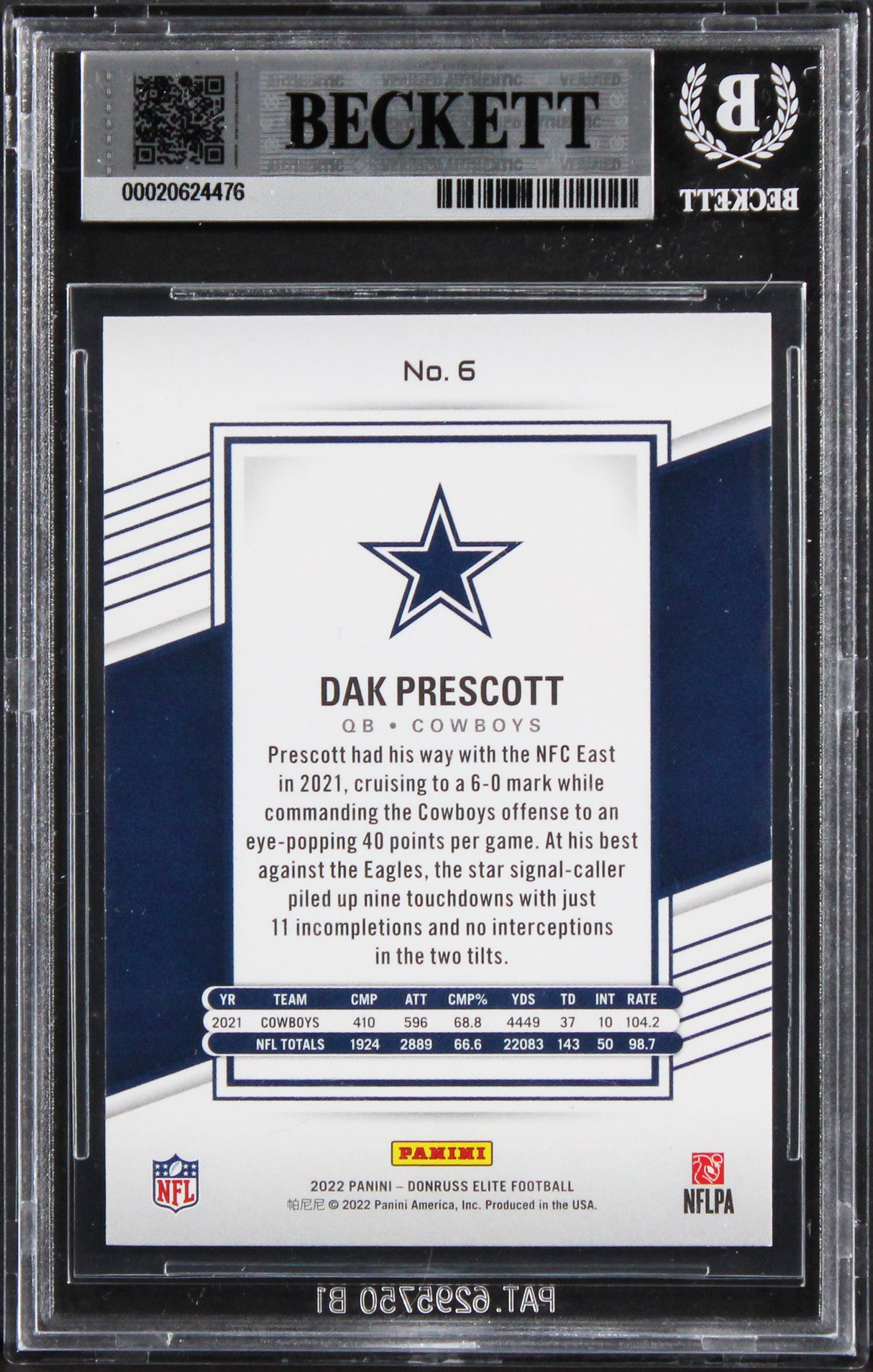 Cowboys Dak Prescott Authentic Signed 2022 Elite #6 Card Autographed BAS Slabbed