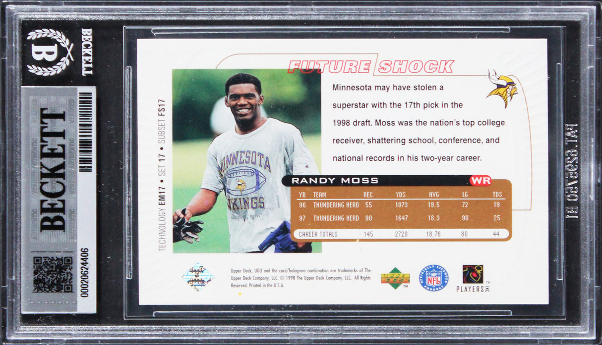 Vikings Randy Moss Authentic 1998 UD3 #17 Rookie Card Autographed BAS Slabbed