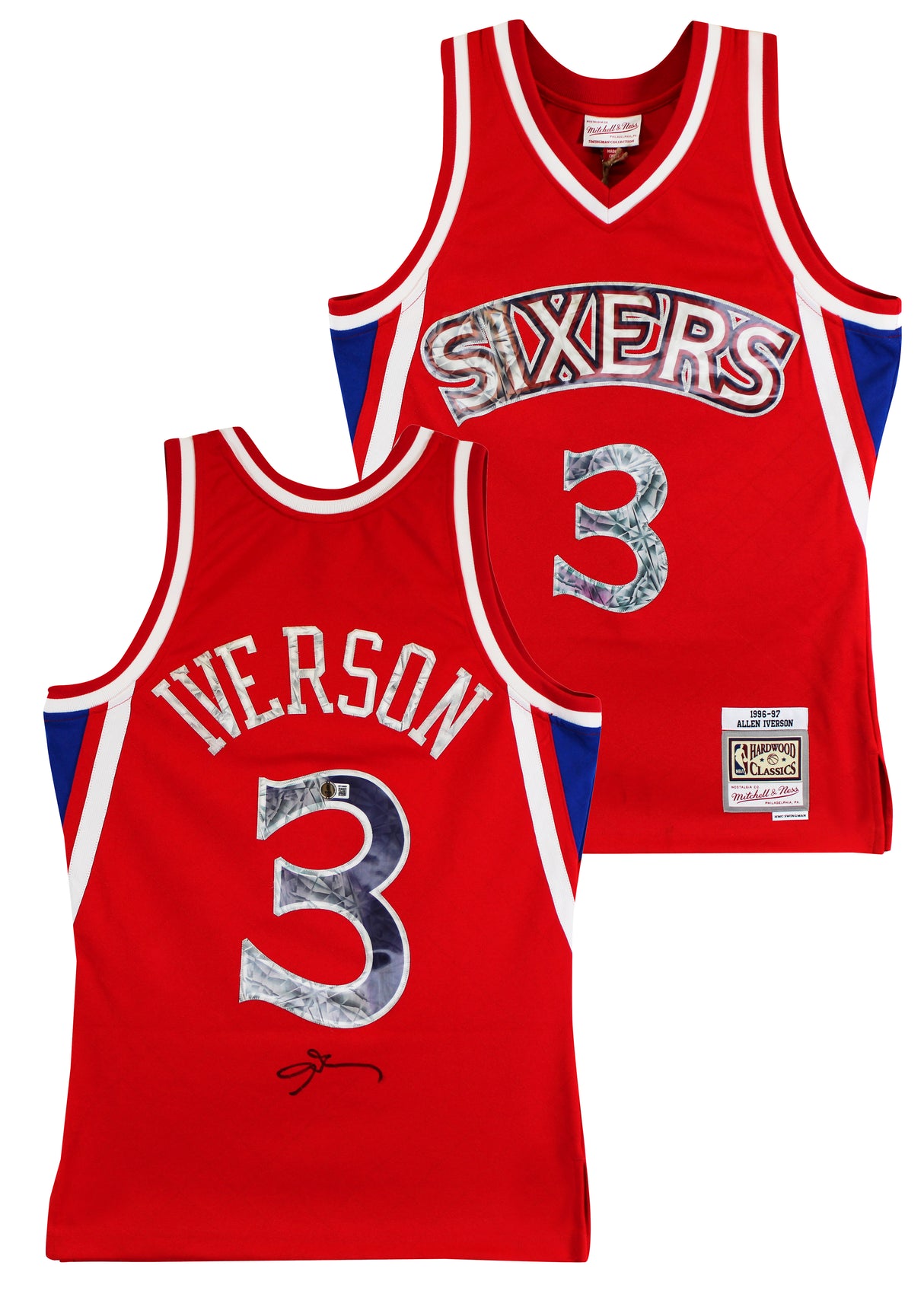 76ers Allen Iverson Signed Red 75th Ann. M&N 1996-97 HWC Swingman Jersey BAS Wit