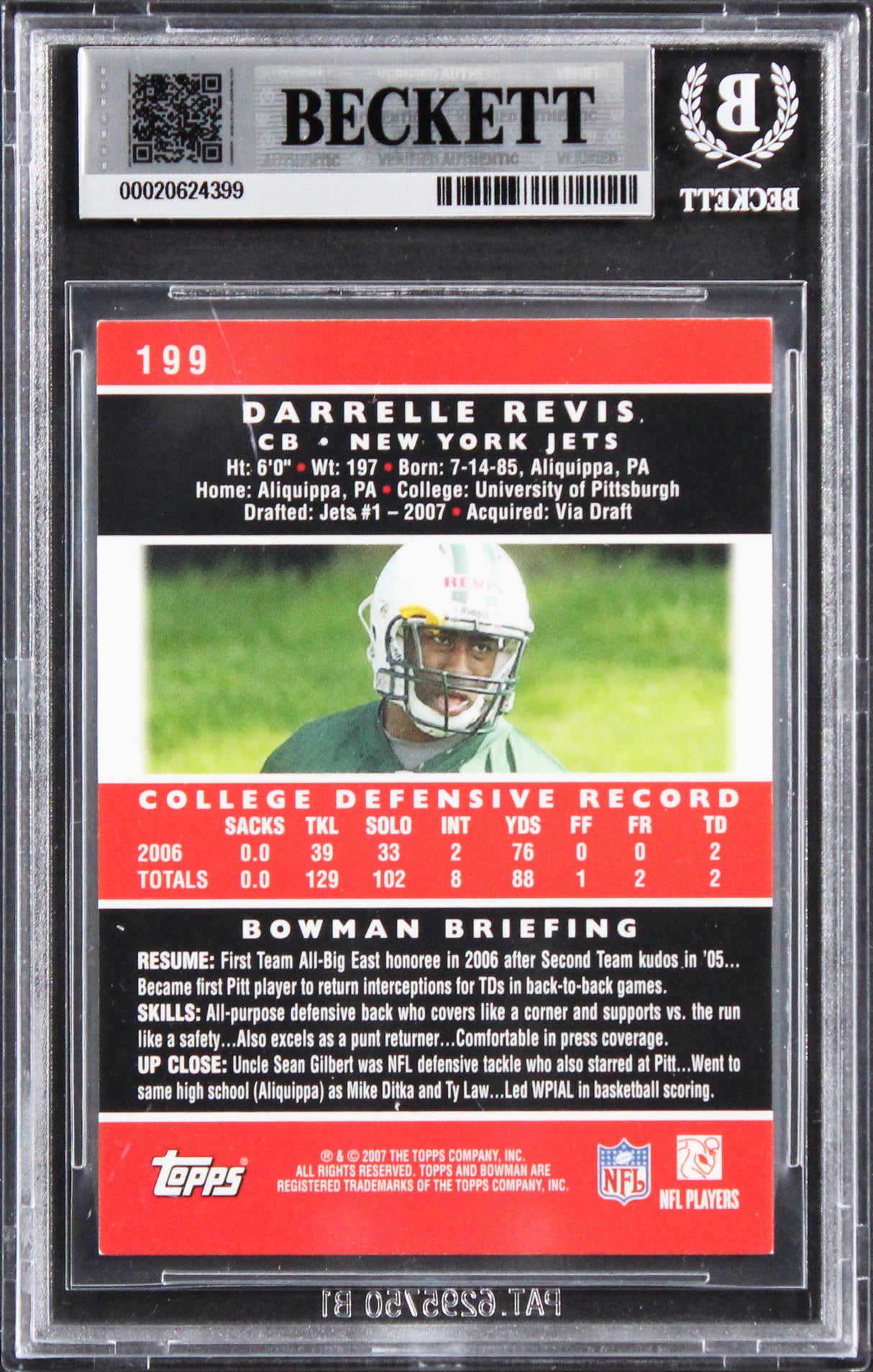 Jets Darrelle Revis Authentic Signed 2007 Bowman Gold #199 Rookie Card BAS Slab