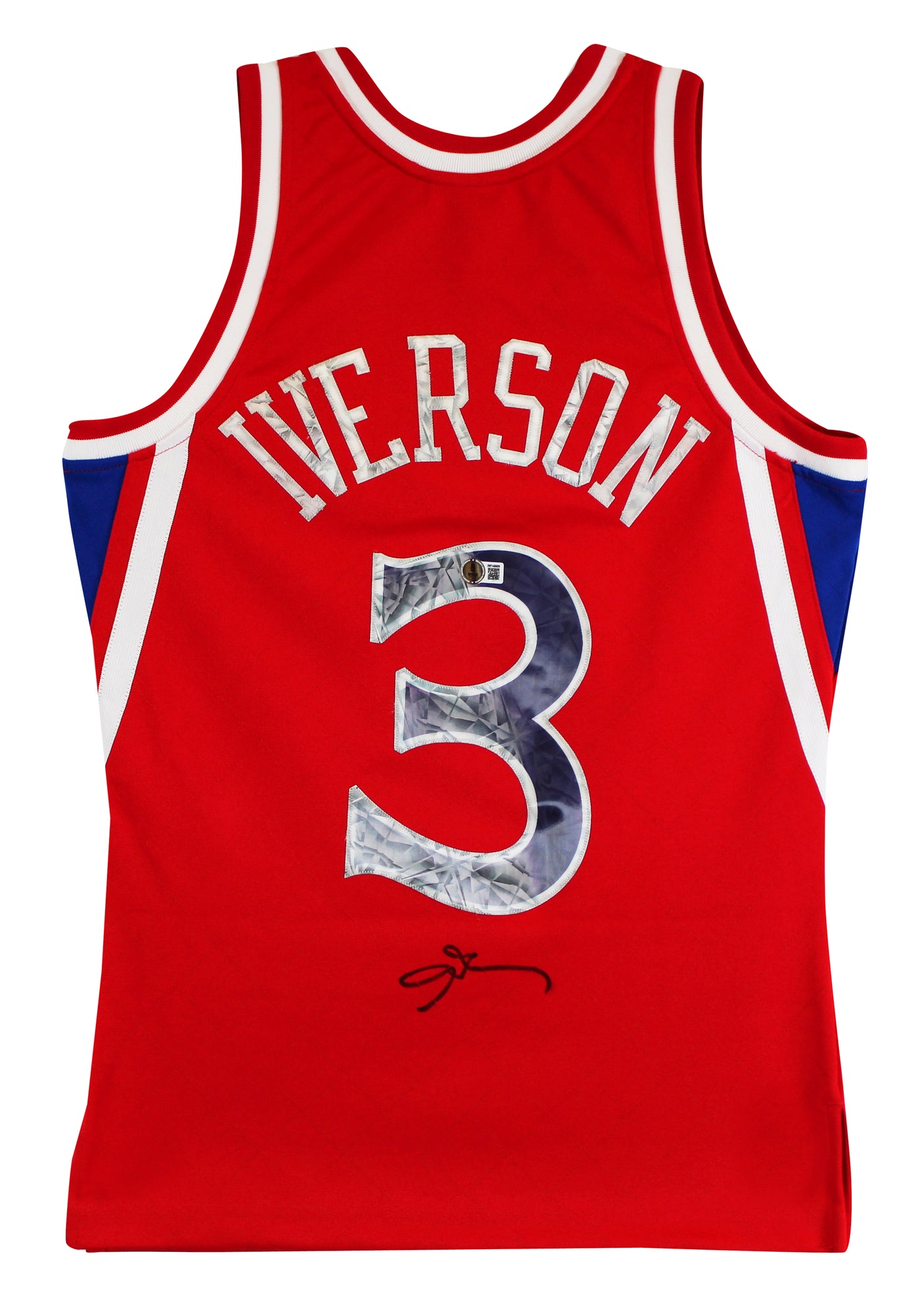 76ers Allen Iverson Signed Red 75th Ann. M&N 1996-97 HWC Swingman Jersey BAS Wit