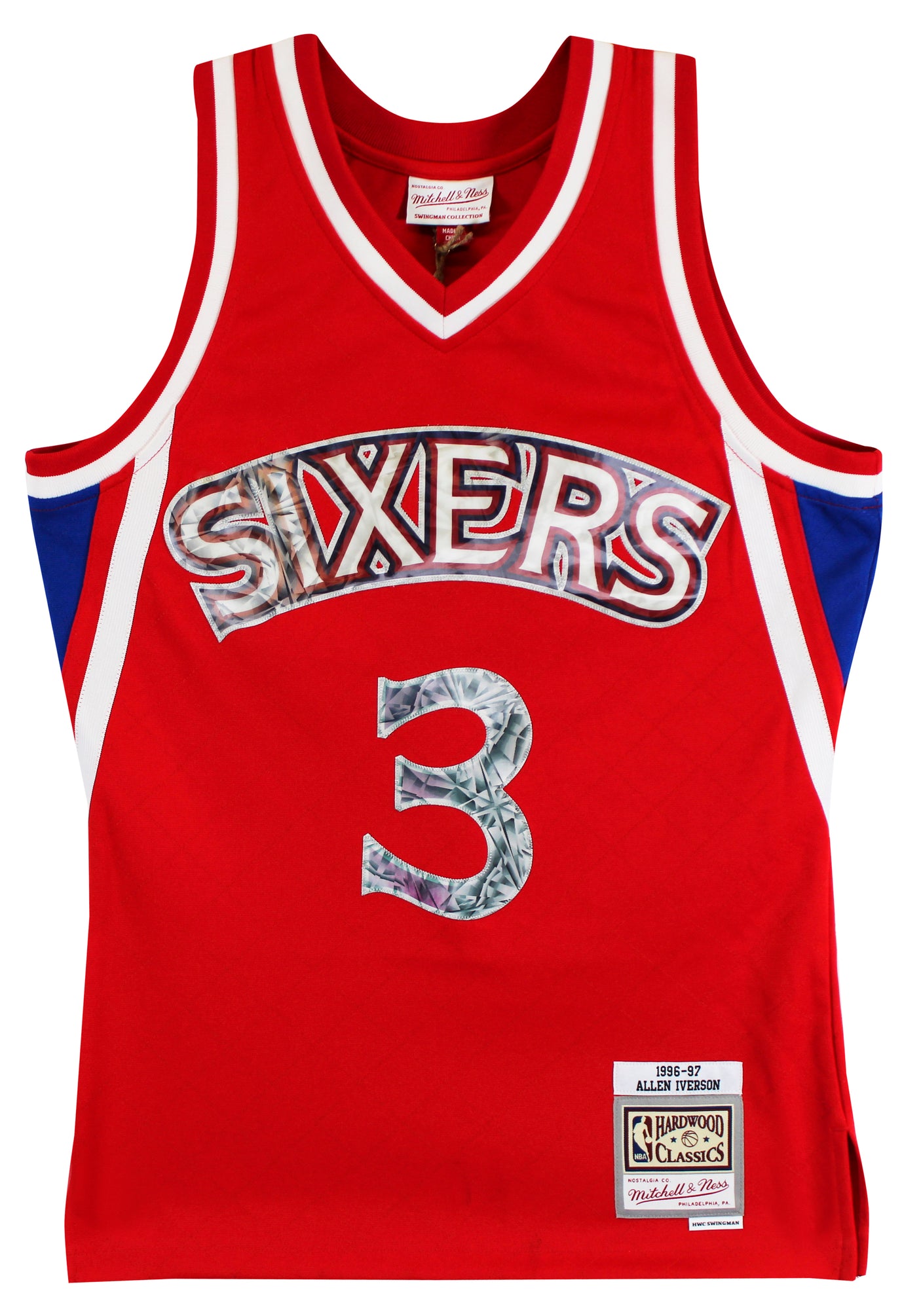 76ers Allen Iverson Signed Red 75th Ann. M&N 1996-97 HWC Swingman Jersey BAS Wit