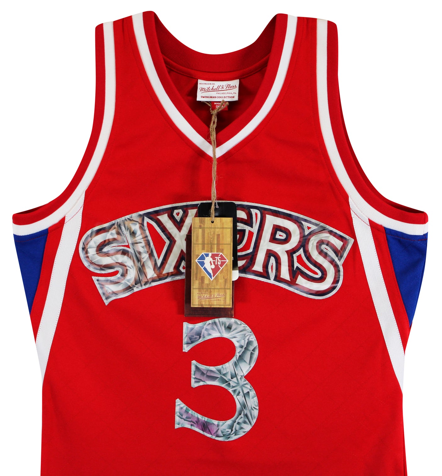 76ers Allen Iverson Signed Red 75th Ann. M&N 1996-97 HWC Swingman Jersey BAS Wit