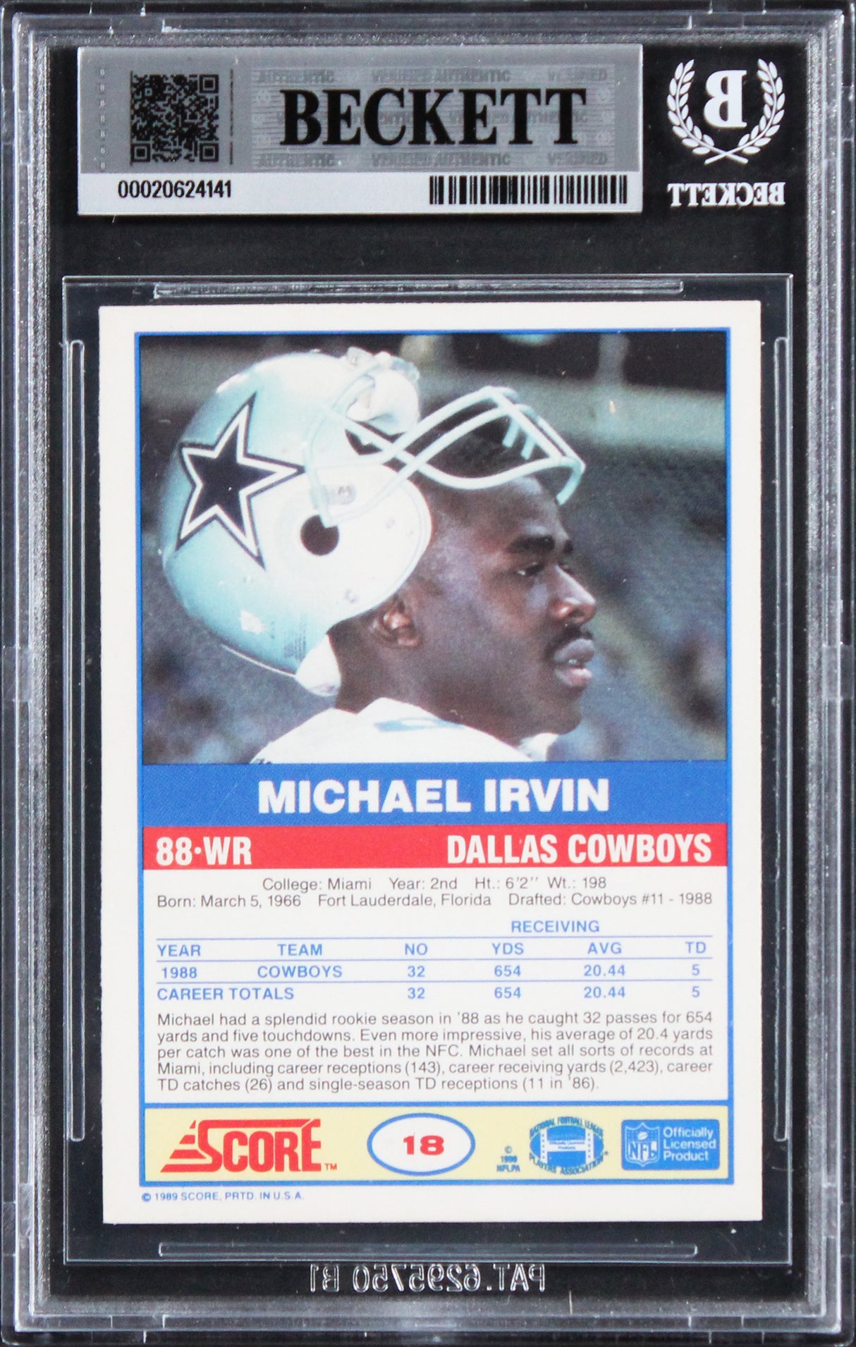 Cowboys Michael Irvin Authentic 1989 Score #18 Card Autographed BAS Slabbed