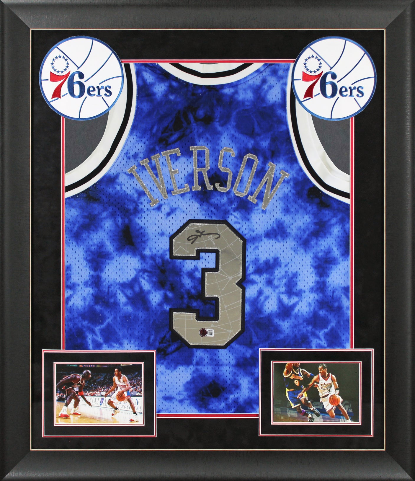 76ers Allen Iverson Signed Blue Galaxy M&N 96-97 HWC Swingman Framed Jersey BAS