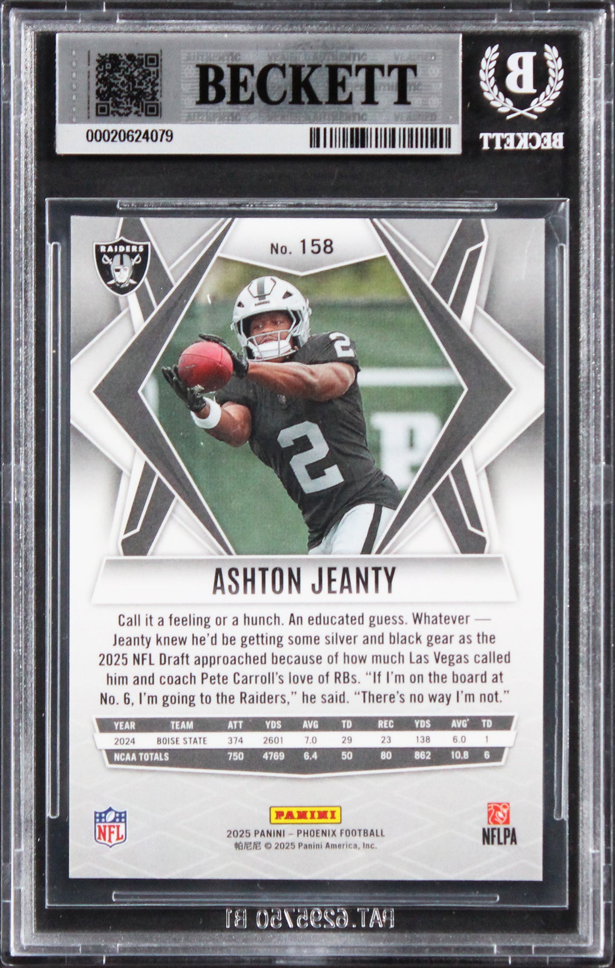 Raiders Ashton Jeanty Signed 2025 Panini Phoenix #158 Rookie Card BAS Slabbed