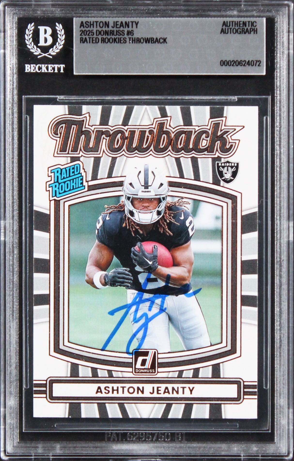 Raiders Ashton Jeanty Signed 2025 Donruss Rated Rookies #6 RC Card BAS Slabbed