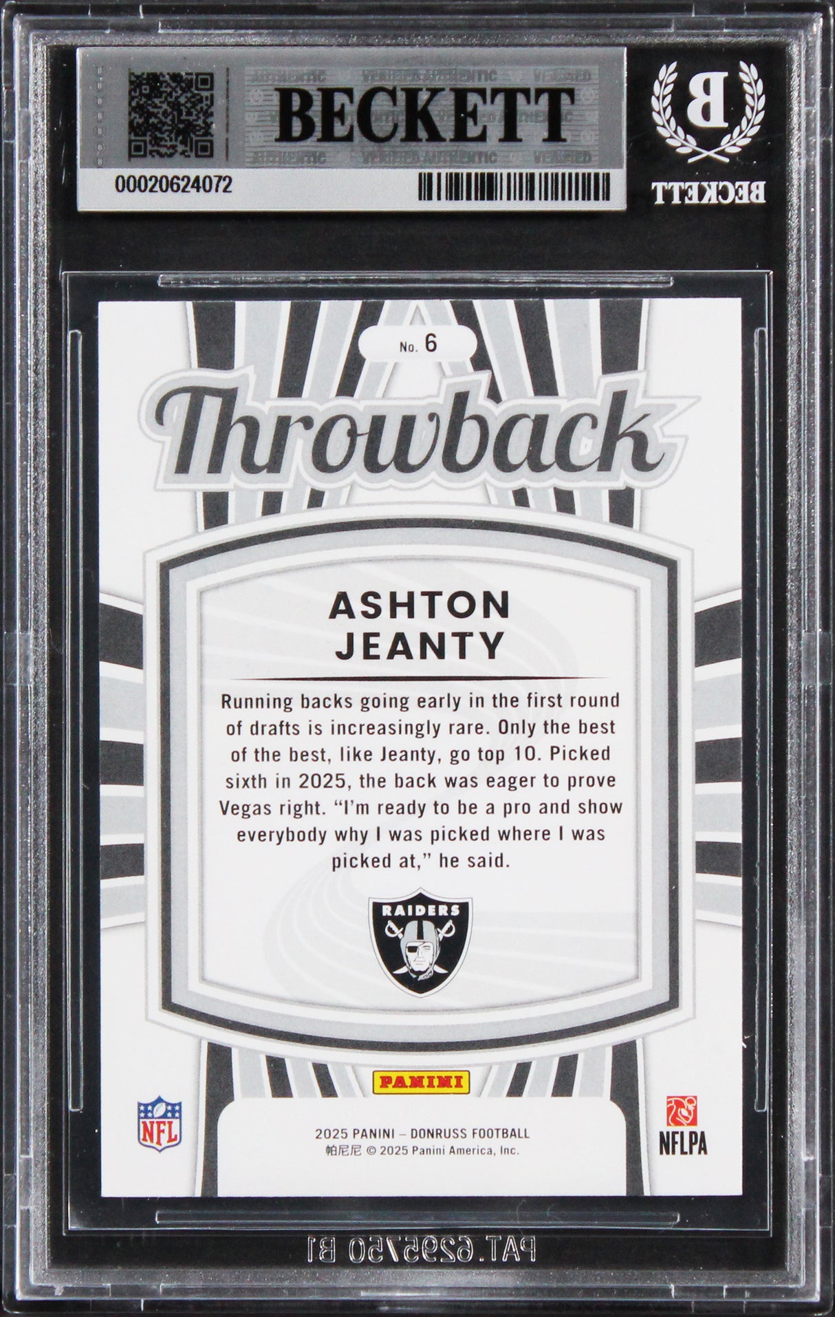 Raiders Ashton Jeanty Signed 2025 Donruss Rated Rookies #6 RC Card BAS Slabbed
