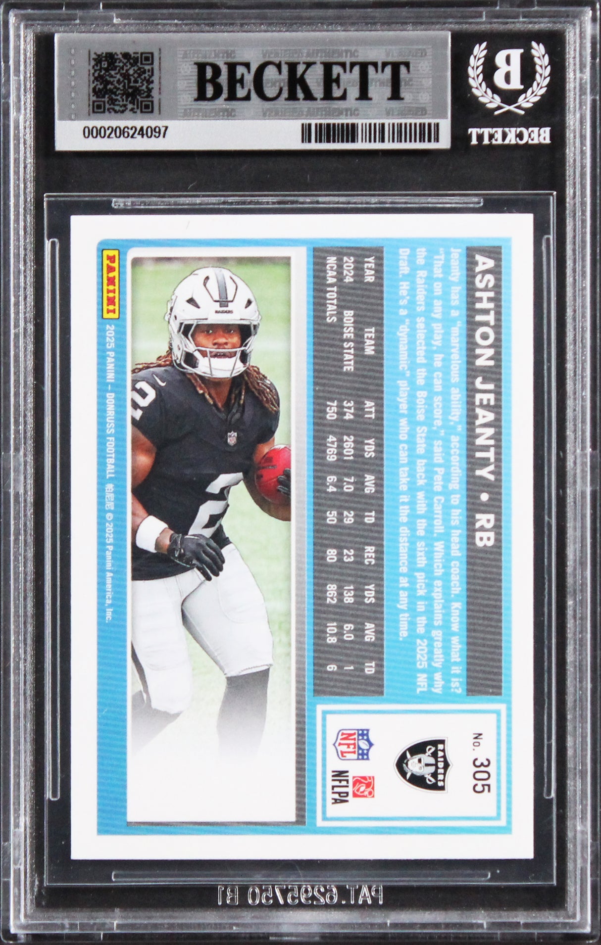 Raiders Ashton Jeanty Authentic Signed 2025 Donruss #305 Rookie Card BAS Slabbed