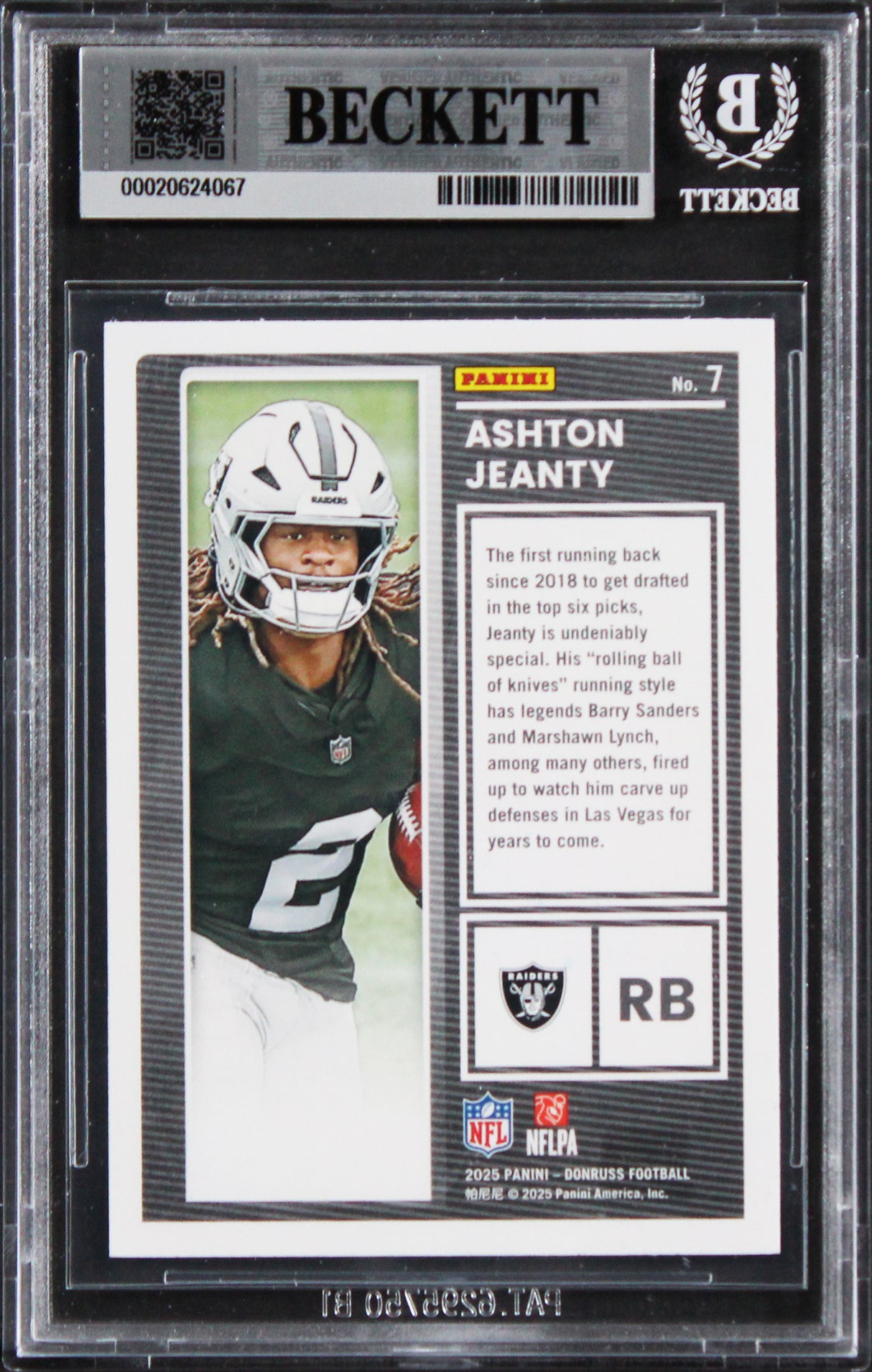 Raiders Ashton Jeanty Authentic Signed 2025 Donruss #7 Rookie Card BAS Slabbed