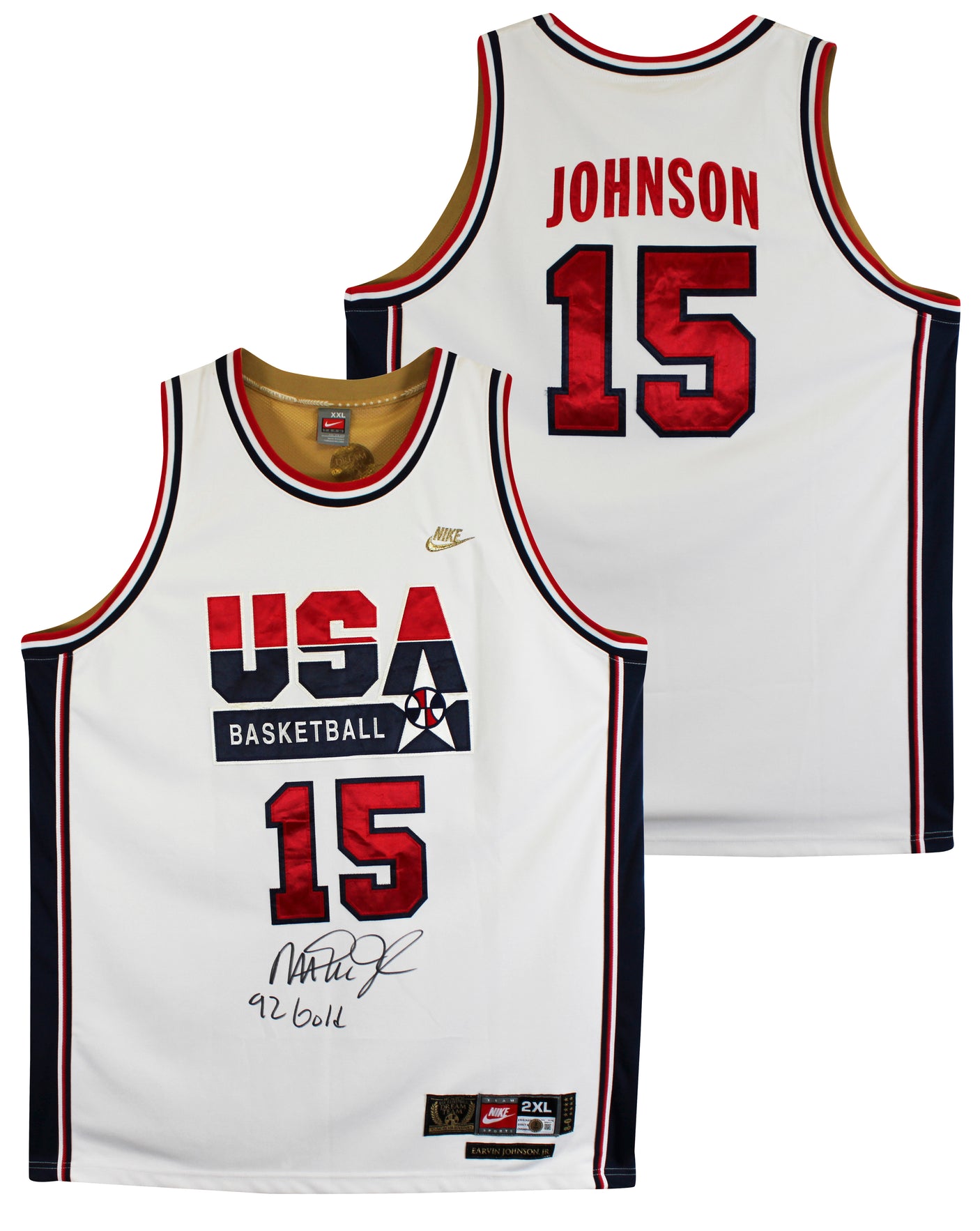 Magic Johnson "92 Gold" Signed White Nike Team USA Jersey BAS Witness #3W387217