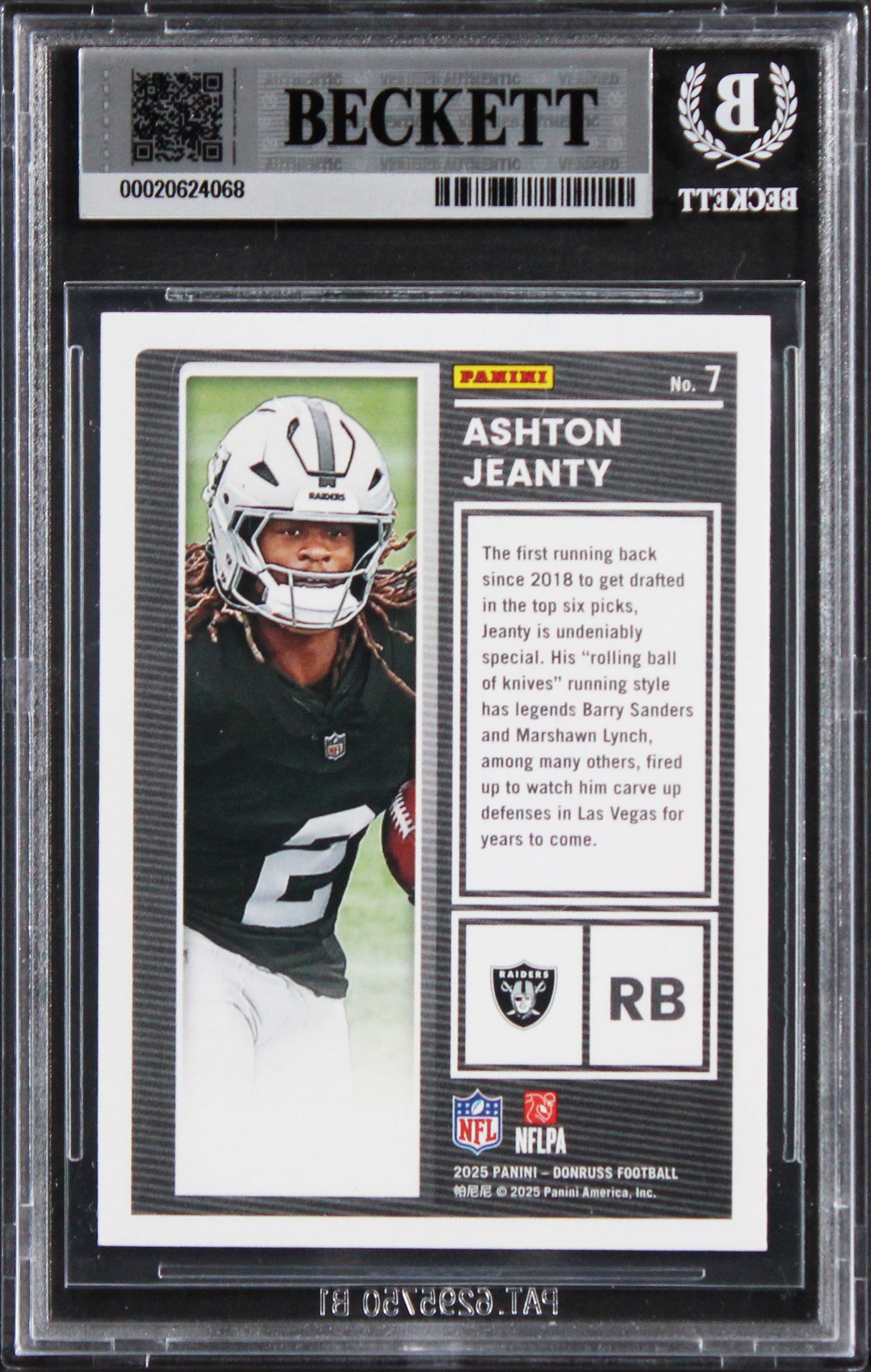 Raiders Ashton Jeanty Authentic Signed 2025 Donruss #7 Rookie Card BAS Slabbed 2