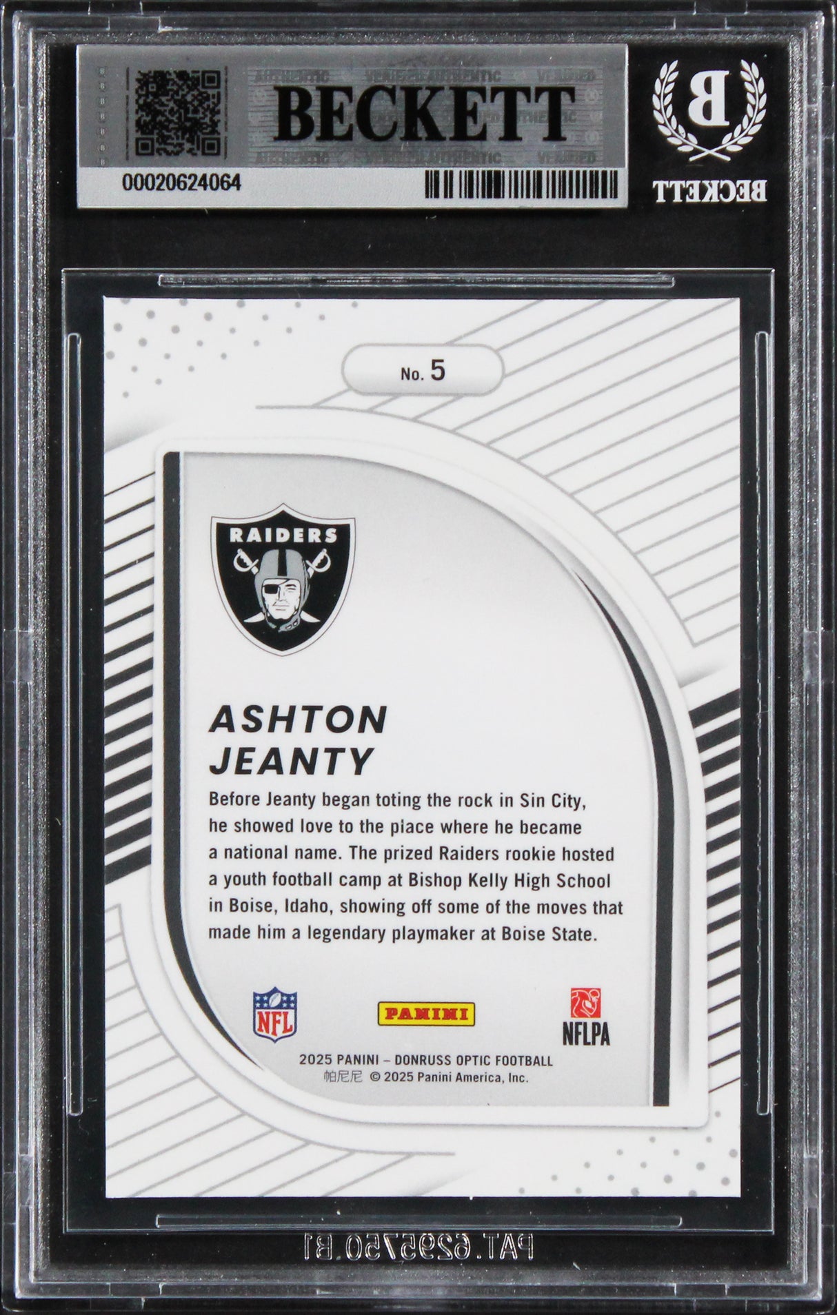 Raiders Ashton Jeanty Signed 2025 Donruss Optic HP #6 Rookie Card BAS Slabbed
