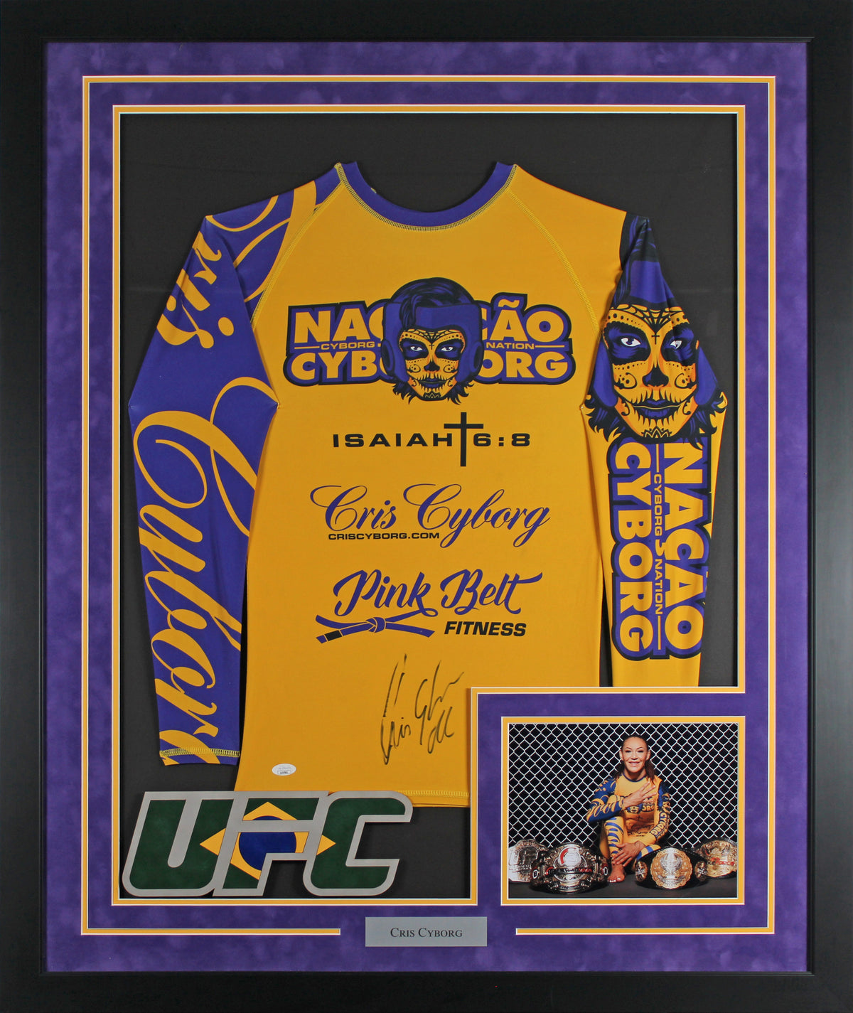 MMA Cris Cyborg Signed Yellow & Blue Training Framed Shirt JSA #AJ97881