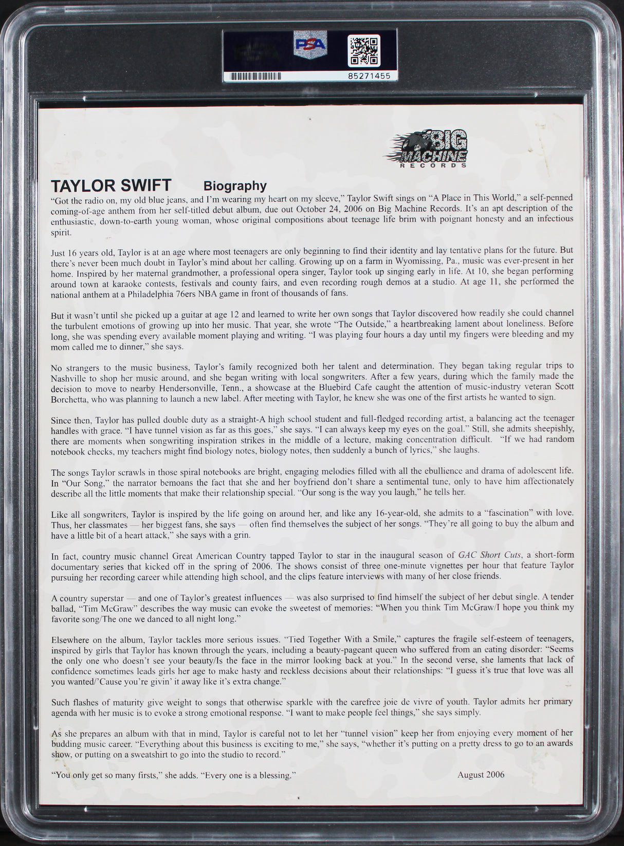 Taylor Swift "Kayla" Authentic Signed 8.5x11 Promotional Photo PSA/DNA Slabbed