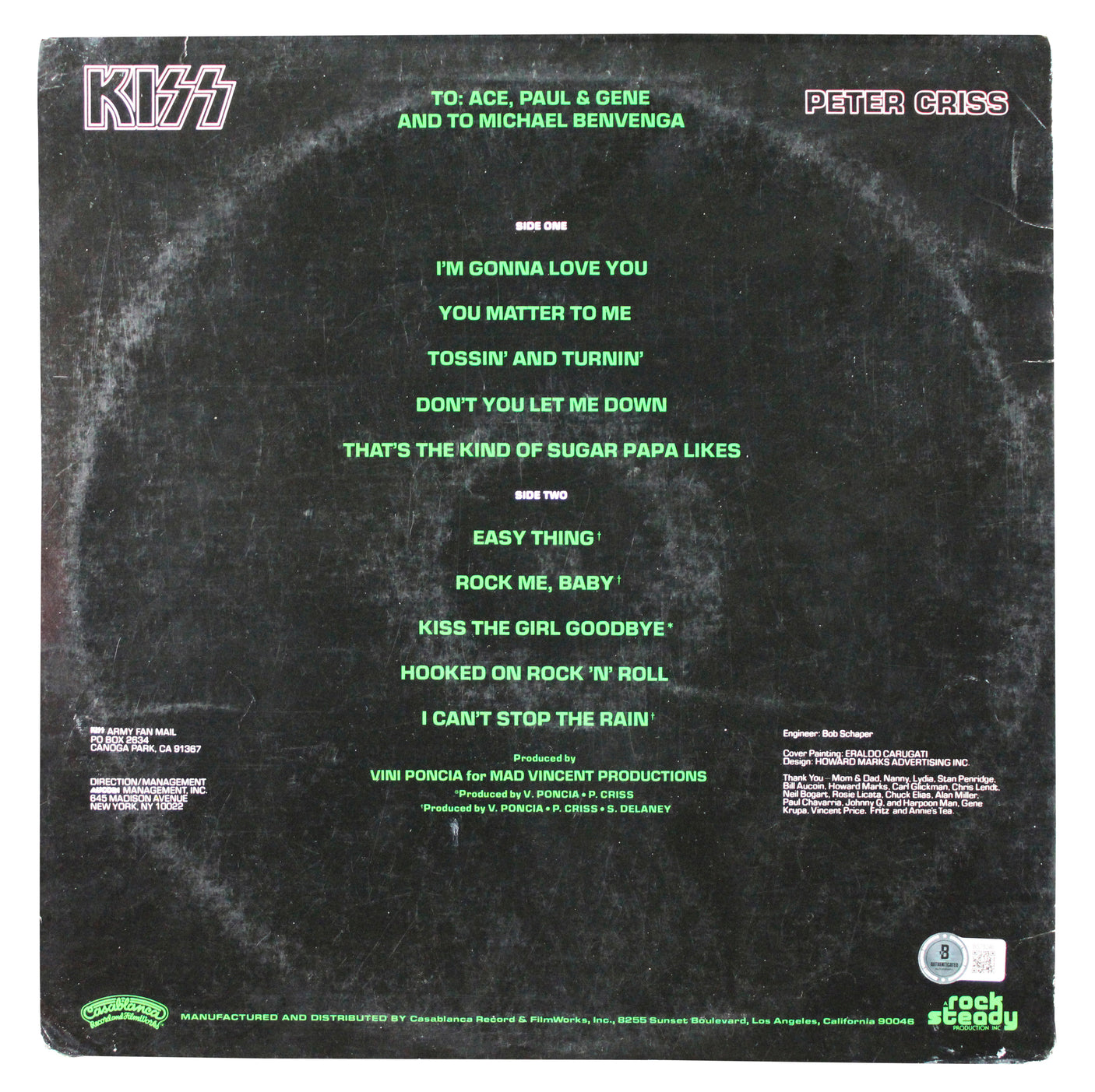 Peter Criss Authentic Signed KISS Solo 1978 Album Cover W/ Vinyl BAS #BS78246