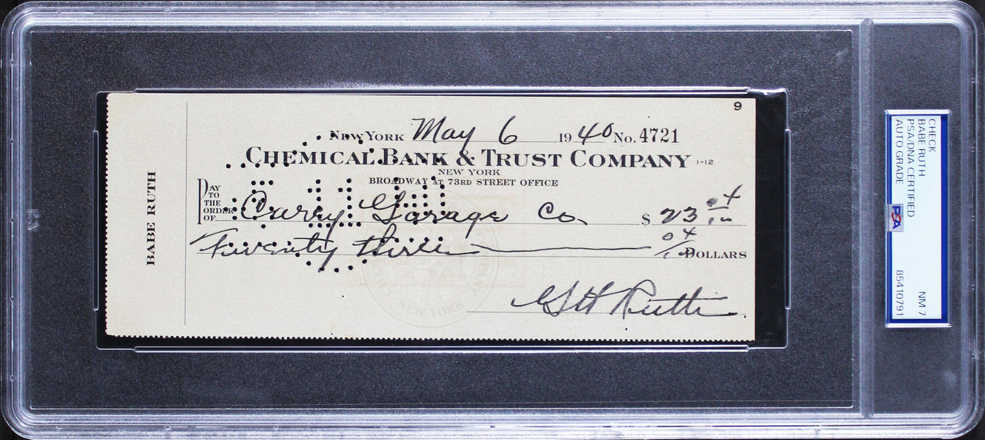 Yankees Babe Ruth Signed 3x8.25 Check Dated May 6, 1940 Auto NM-7 PSA/DNA Slab
