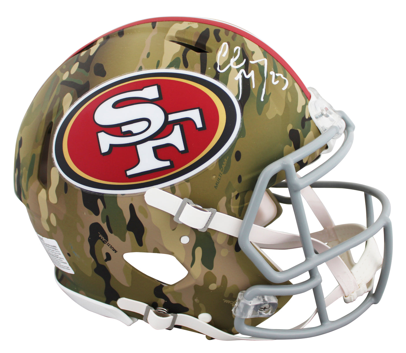 49ers Christian McCaffrey Signed Camo Full Size Speed Proline Helmet W/ Case BAS