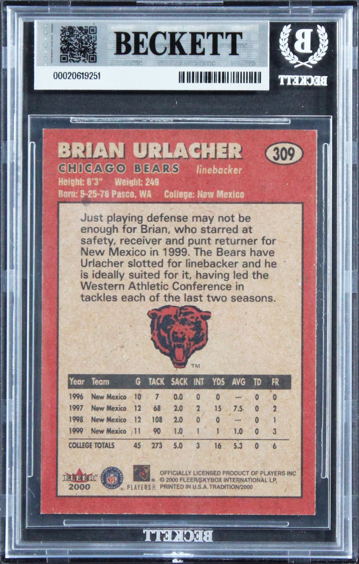Bears Brian Urlacher "HOF 18" Signed 2000 Fleer #309 RC Card Auto 10 BAS Slabbed