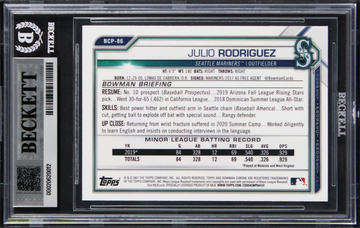 Mariners Julio Rodriguez Signed 2021 Bowman #BCP86 Rookie Card Auto 10! BAS Slab