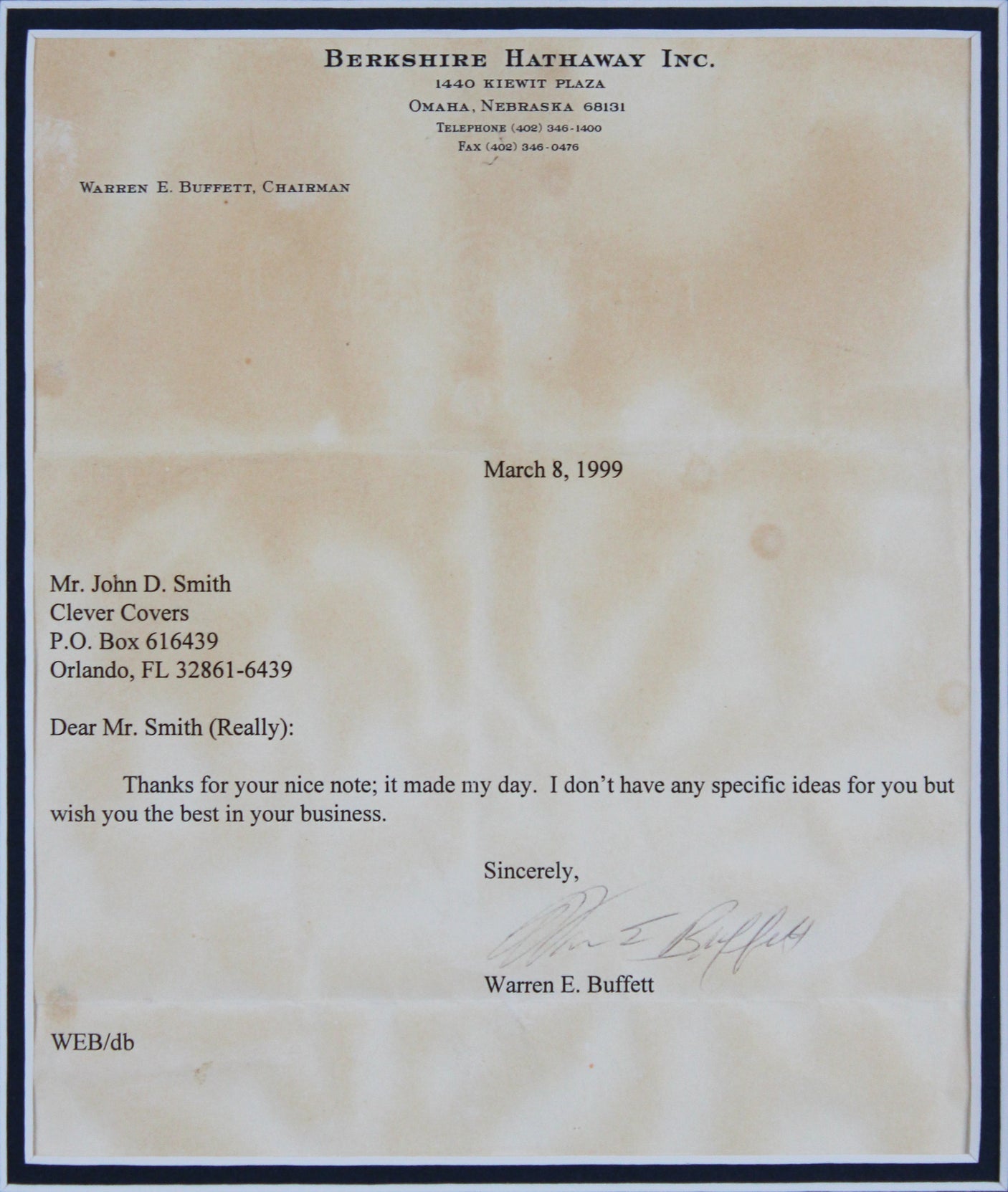 Warren Buffett Signed 8.5x11 Framed Letter On Berkshire Hathaway Letterhead BAS