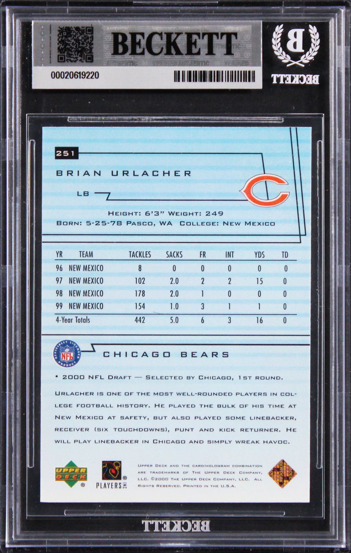 Brian Urlacher "HOF 18" Signed 2000 Upper Deck #251 RC Card Auto 10! BAS Slabbed