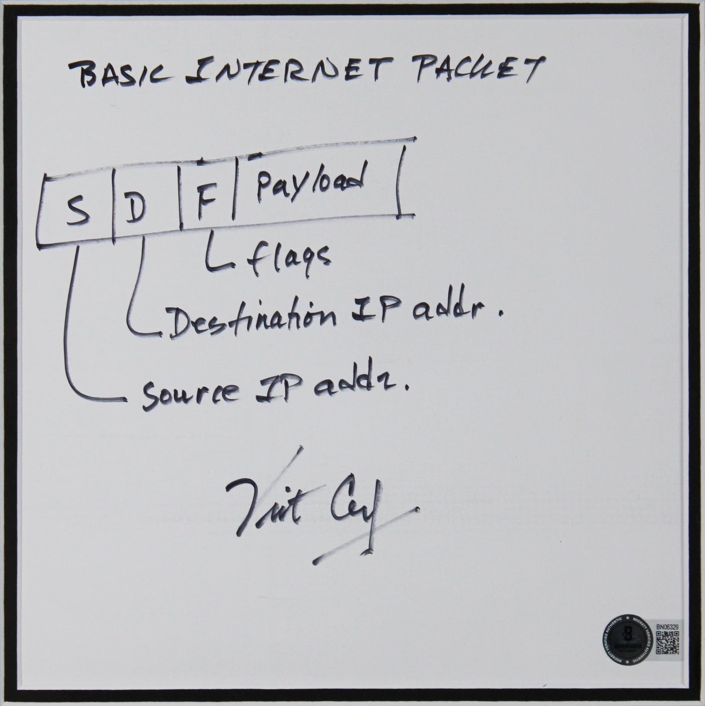 Vint Cerf Authentic Signed & Framed 8x8 TCP/IP Protocols Sketch BAS #BN06329