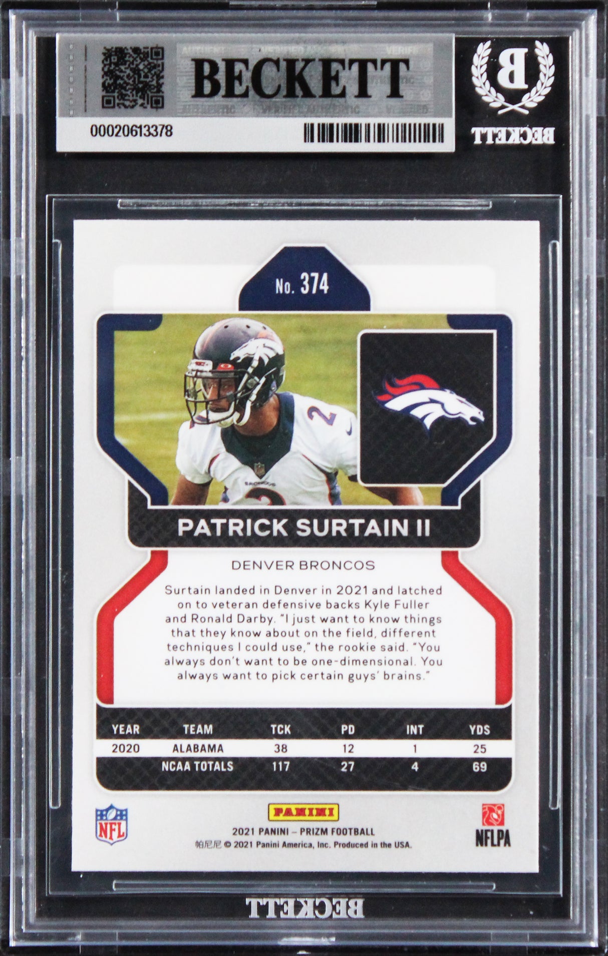 Broncos Patrick Surtain II Signed 2021 Panini #374 Rookie Card Auto 10! BAS Slab