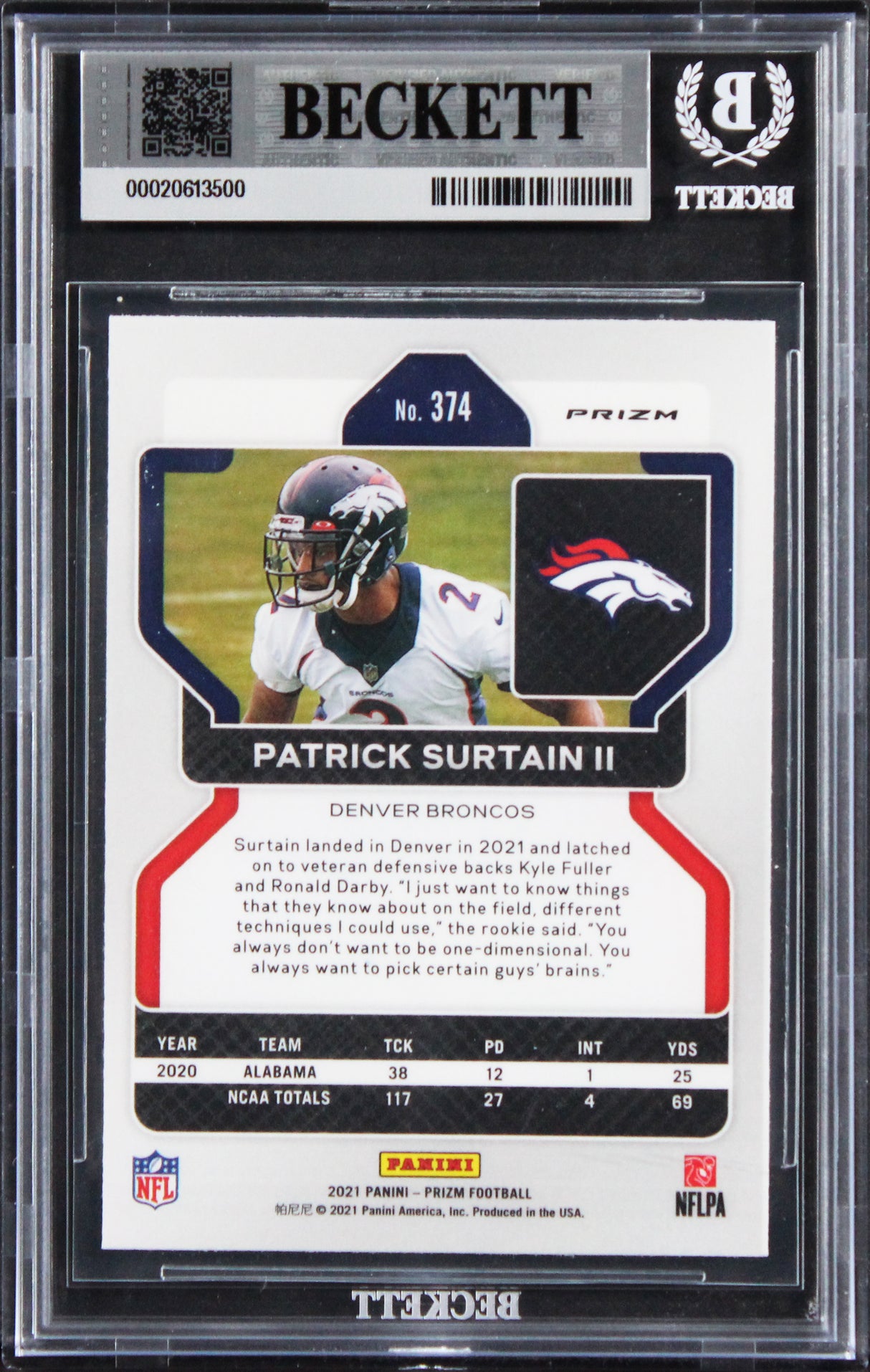 Broncos Patrick Surtain Signed 2021 Panini Silver #374 RC Card Auto 10! BAS Slab
