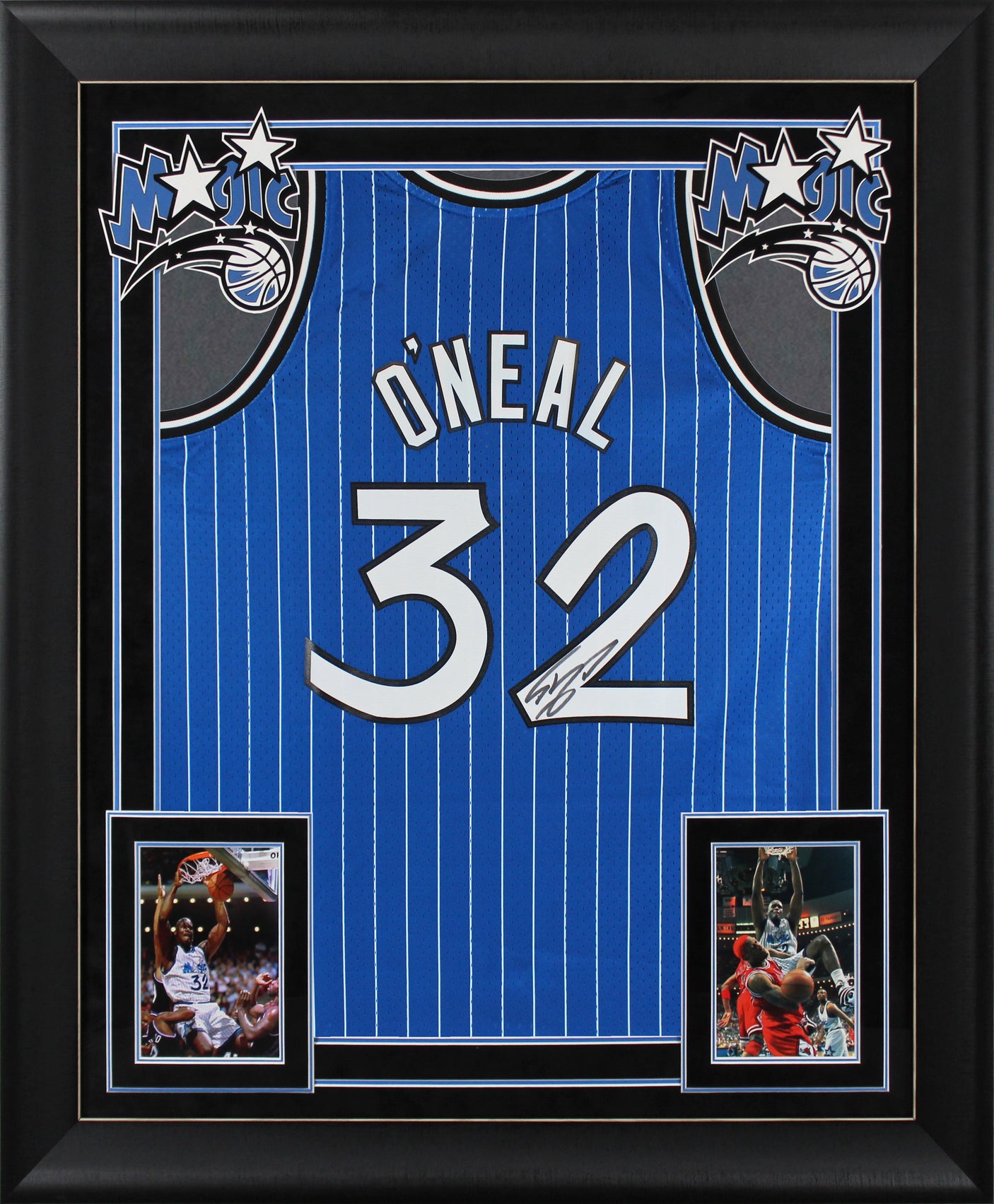 Magic Shaquille O'Neal Signed Blue M&N 1994-95 HWC Swingman Framed Jersey BAS W