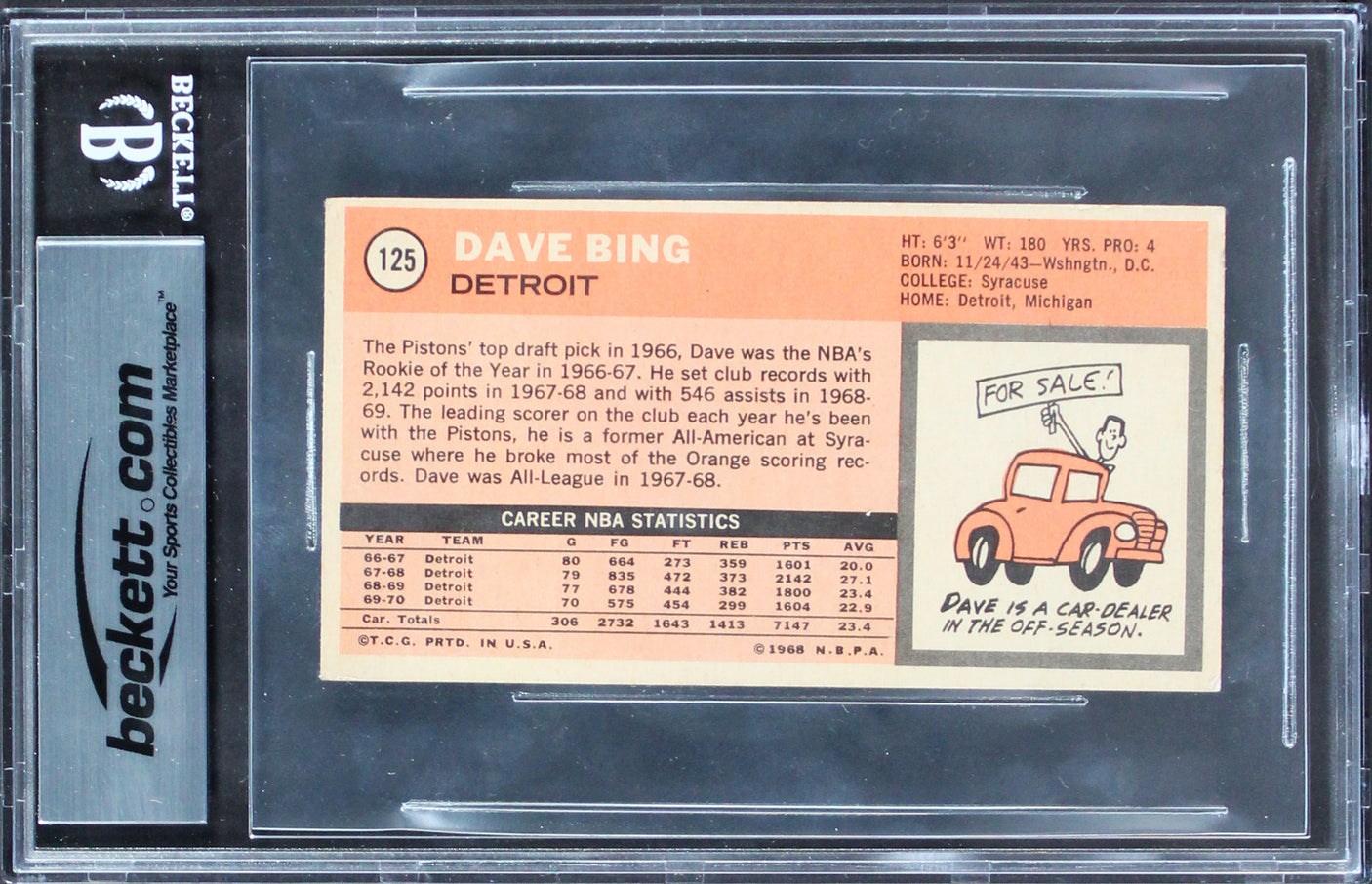 Pistons Dave Bing "4x Insc" Signed 1970 Topps #125 Rookie Card BAS Slabbed