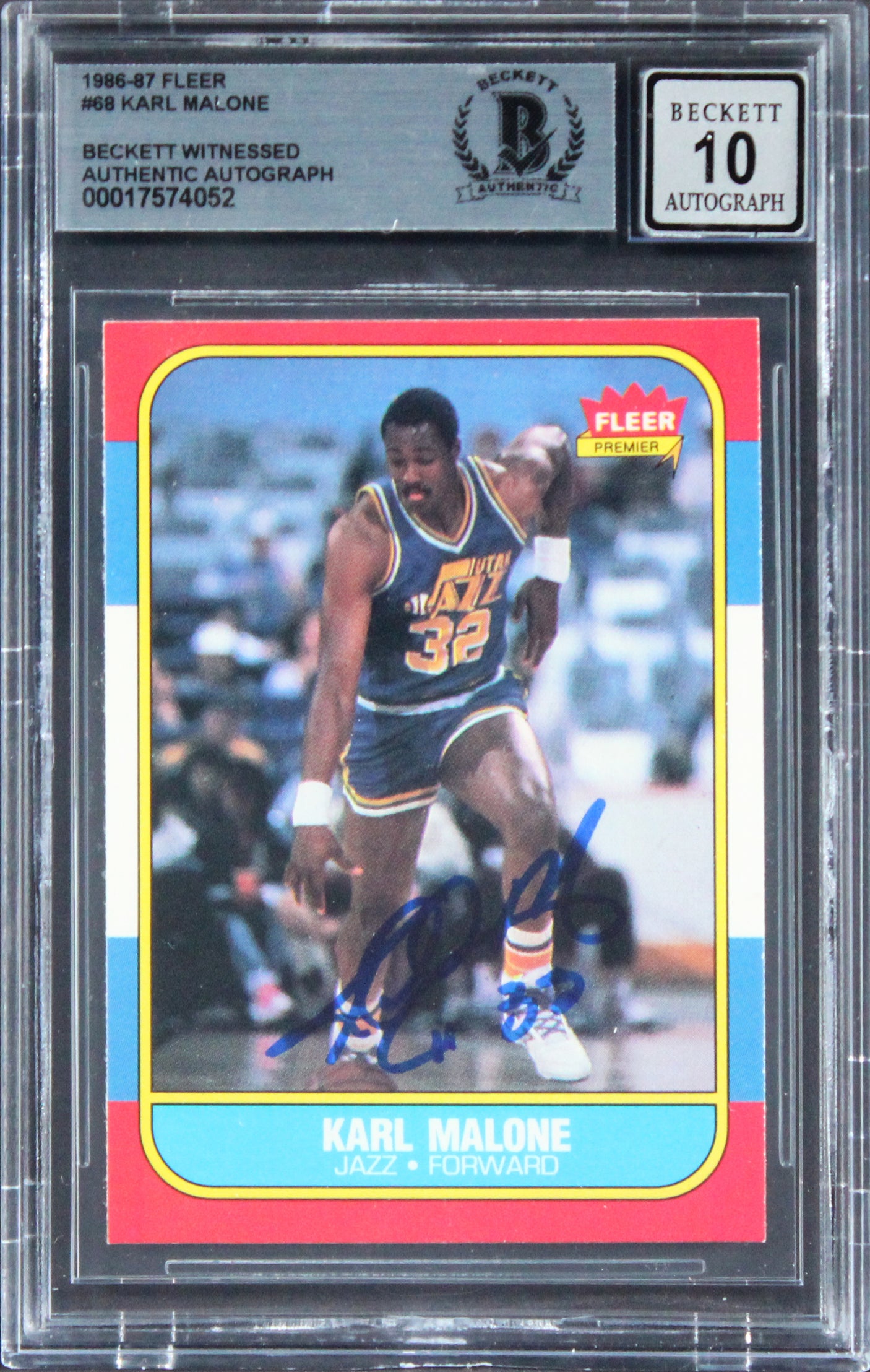 Jazz Karl Malone Signed 1986 Fleer #68 Rookie Card Auto 10! BAS Slabbed