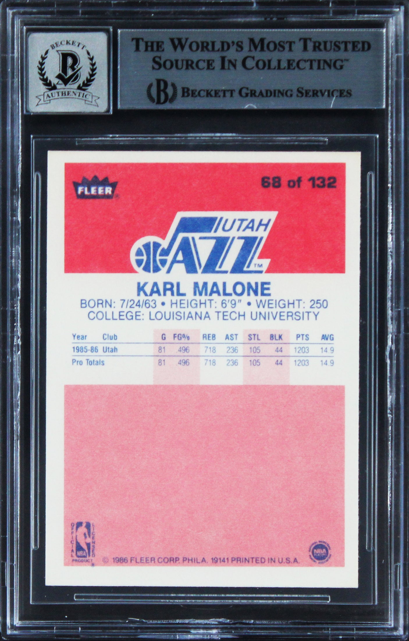 Jazz Karl Malone Signed 1986 Fleer #68 Rookie Card Auto 10! BAS Slabbed