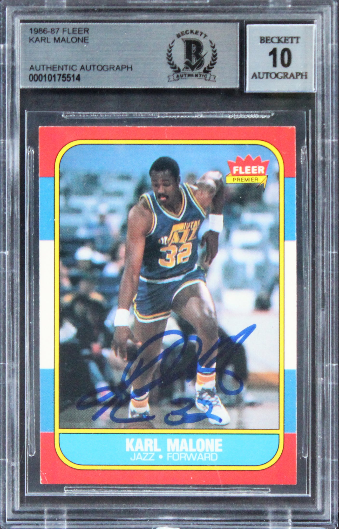 Jazz Karl Malone Signed 1986 Fleer #68 Rookie Card Auto 10! BAS Slabbed