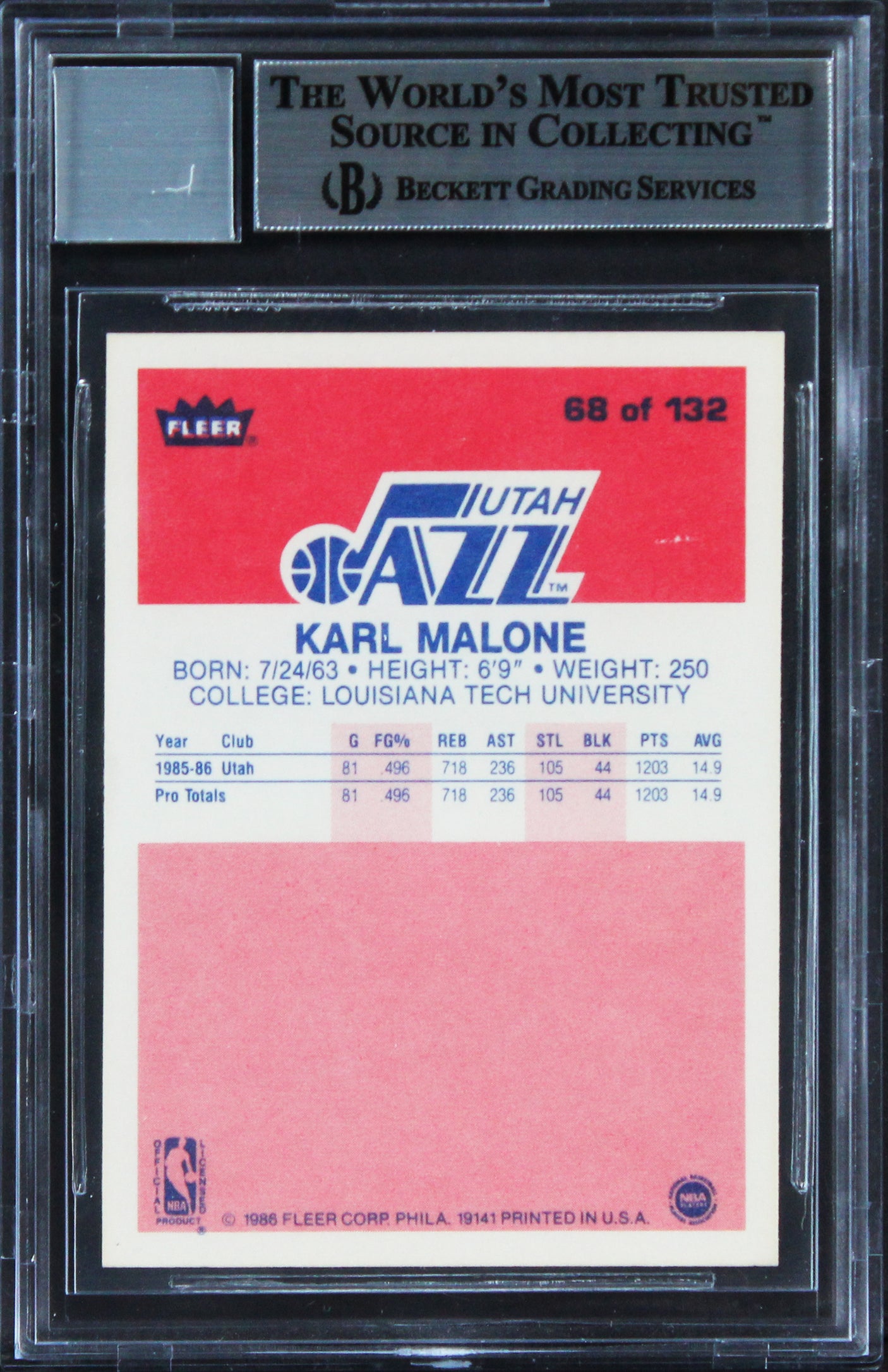 Jazz Karl Malone Signed 1986 Fleer #68 Rookie Card Auto 10! BAS Slabbed